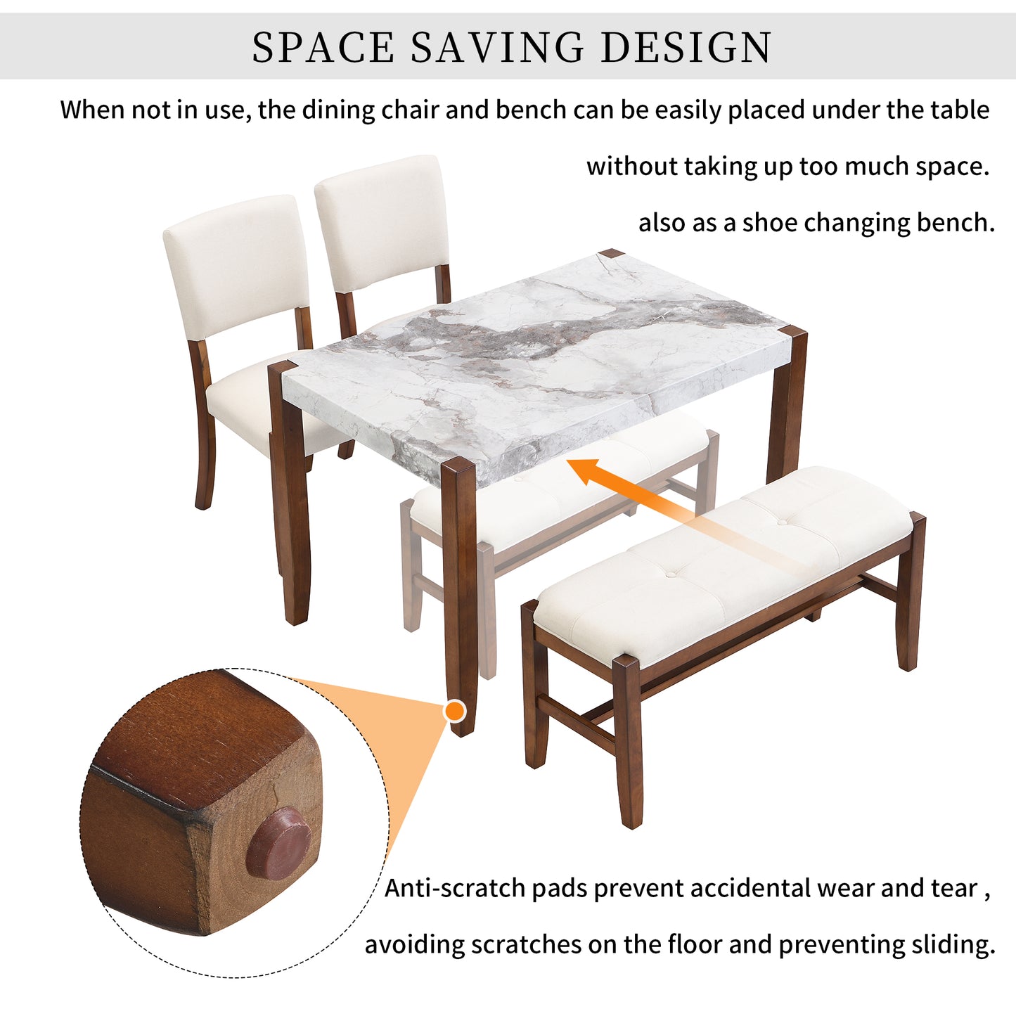 Marble top dining table with wood frame and upholstered chairs