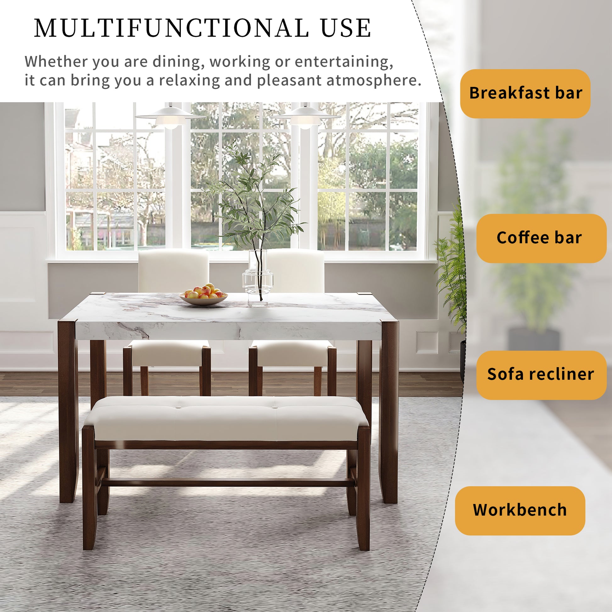 Marble top dining table with dark wood legs and upholstered bench