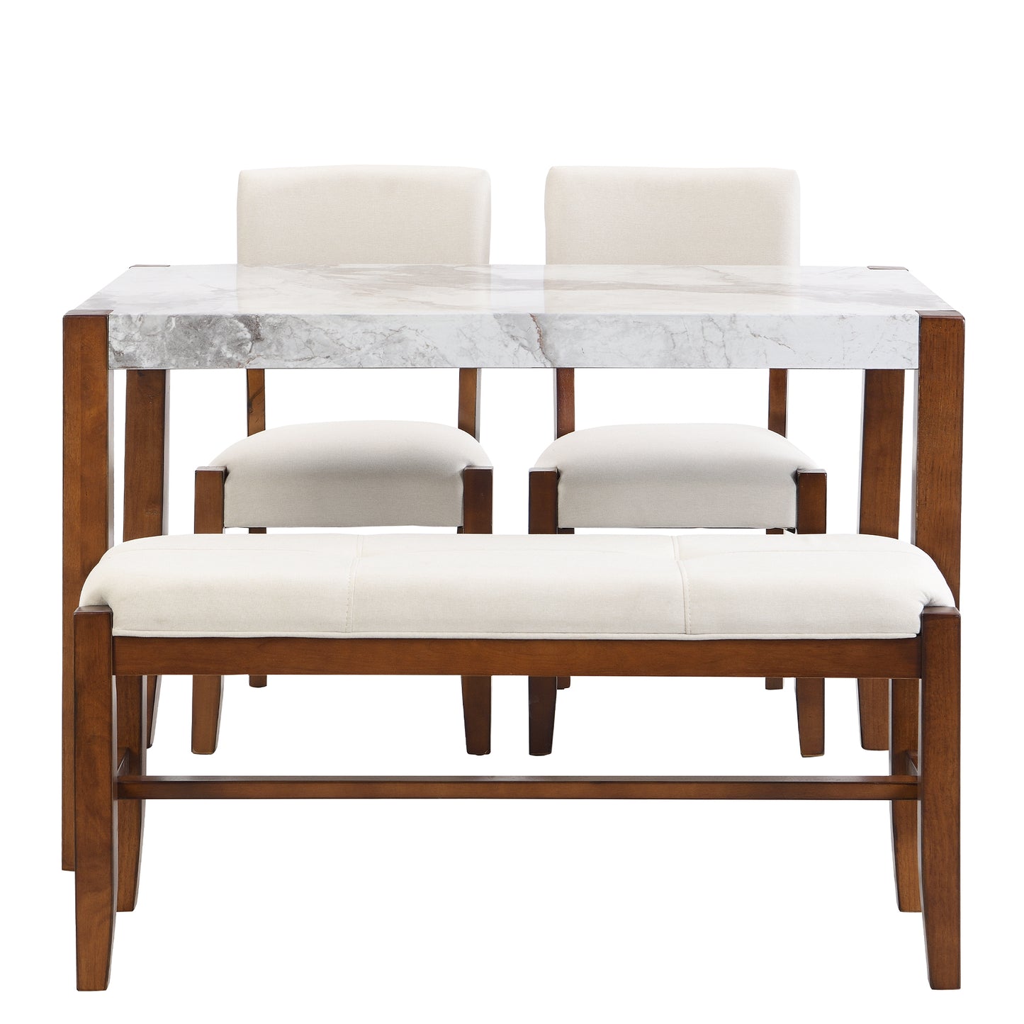 Marble top dining set with wooden frame and cream upholstered chairs and bench