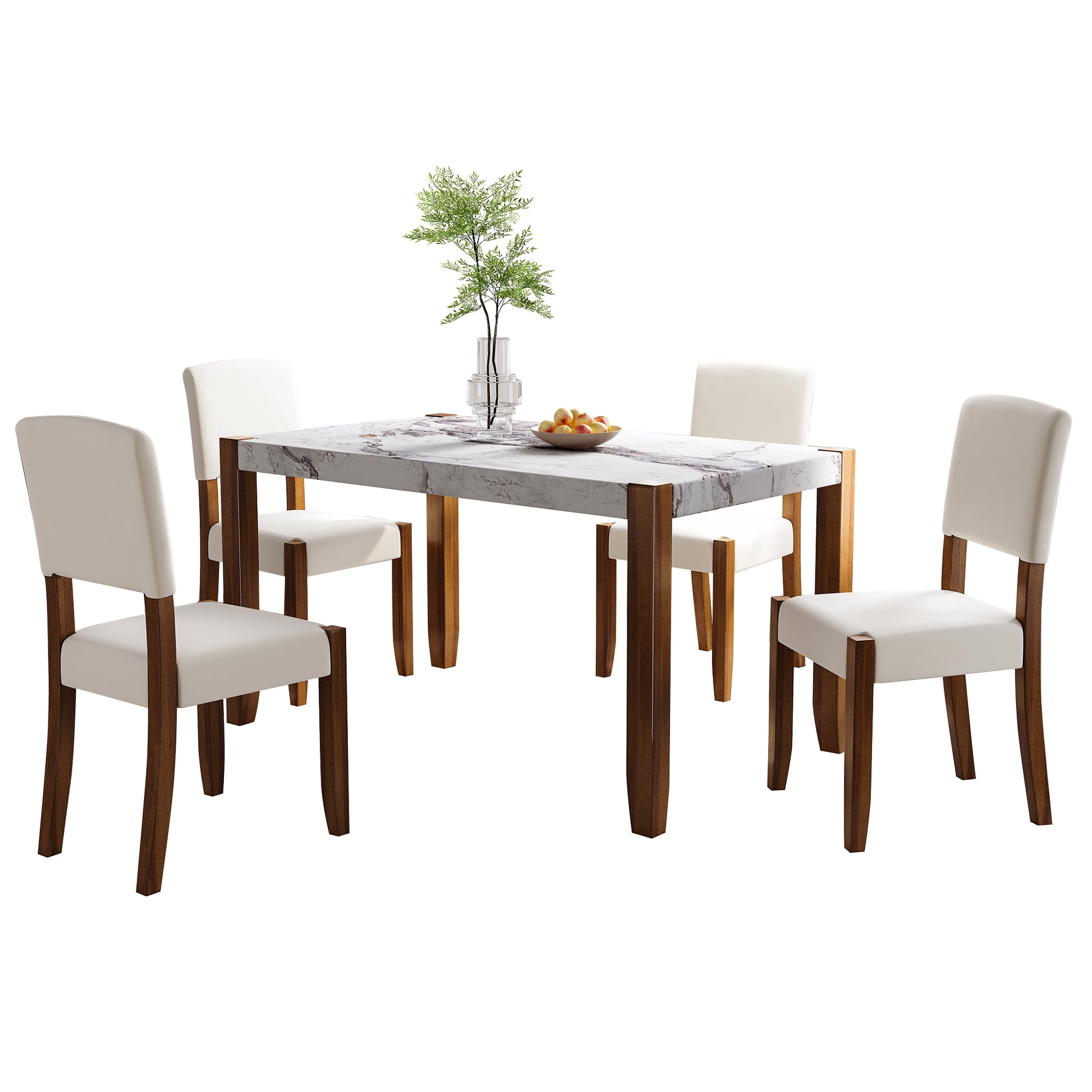 Modern dining set with marble top table and four white upholstered chairs