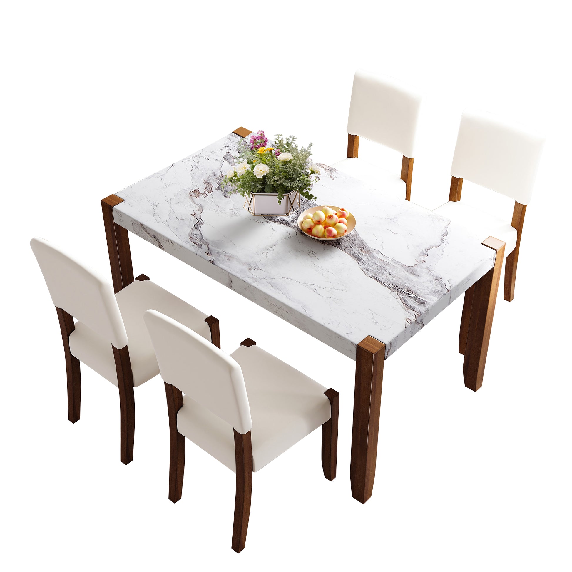 Marble dining table set with white chairs