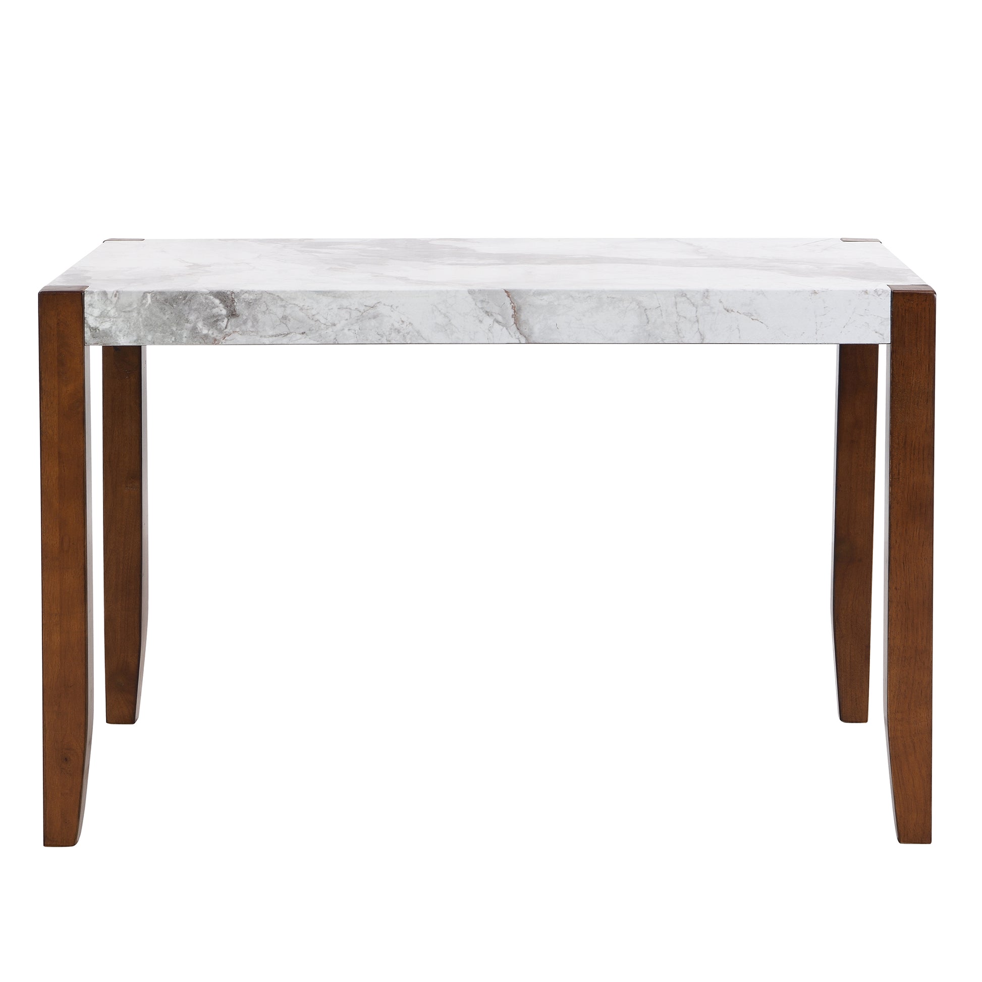 Rectangular dining table with faux marble top and brown wooden legs