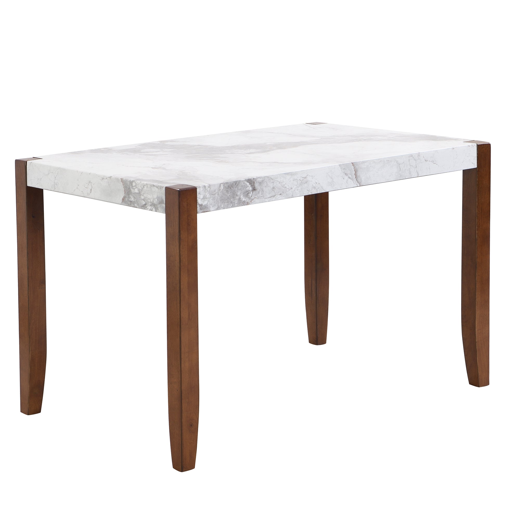 Rectangular dining table with white marble top and dark wood legs