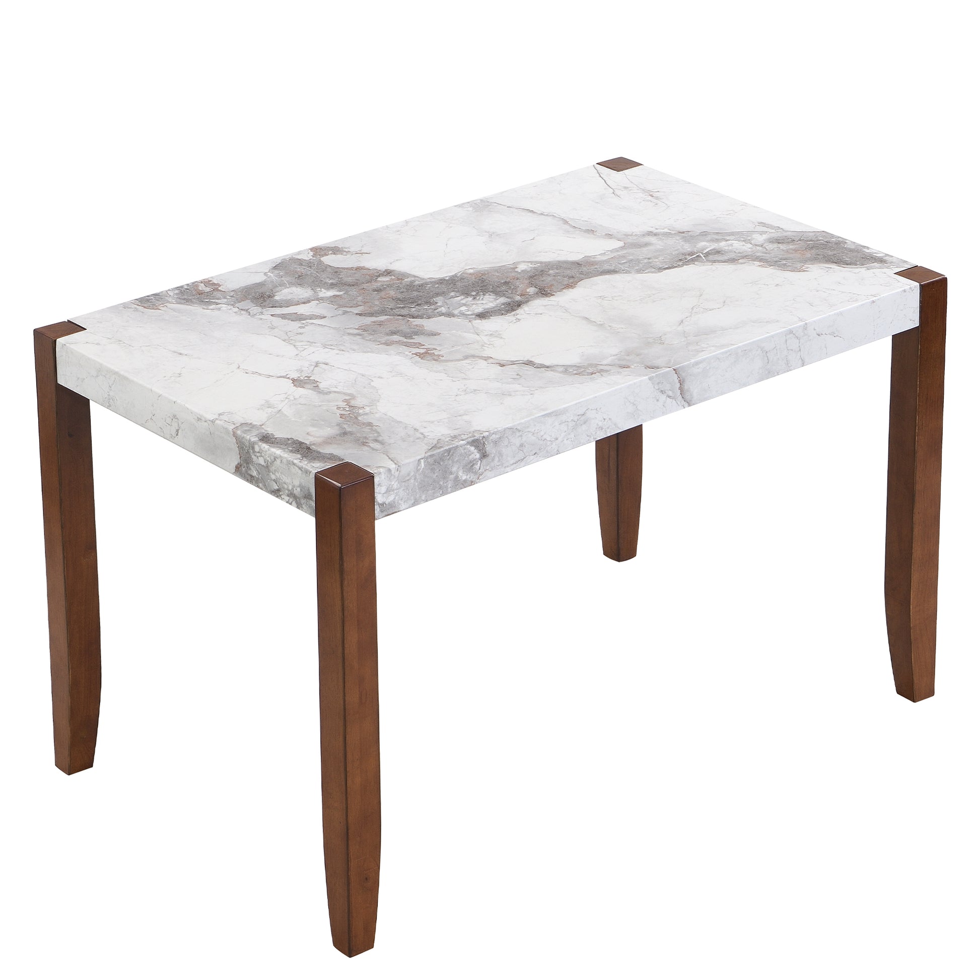 Rectangular faux marble dining table with tapered wooden legs