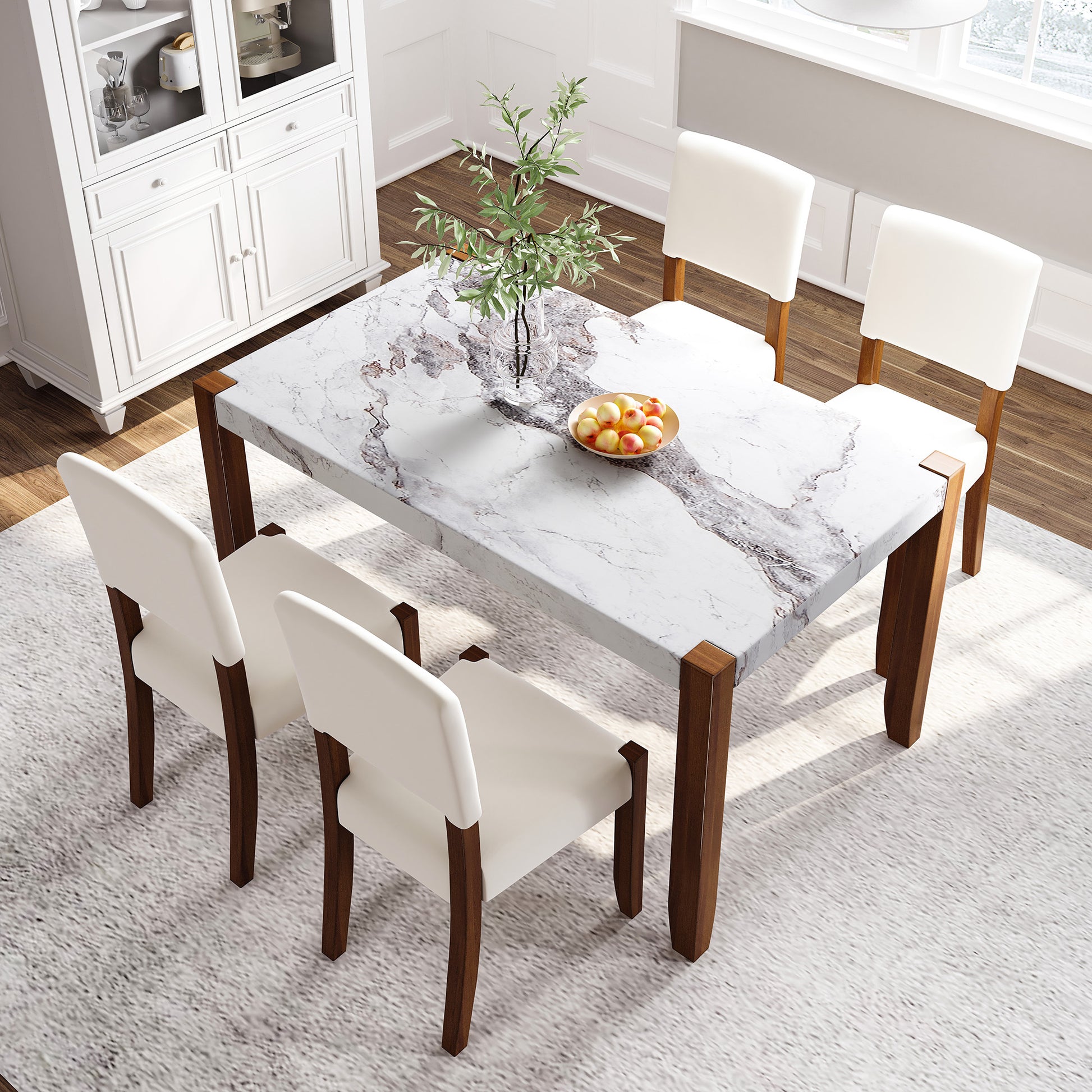 Marble top dining table with wooden legs