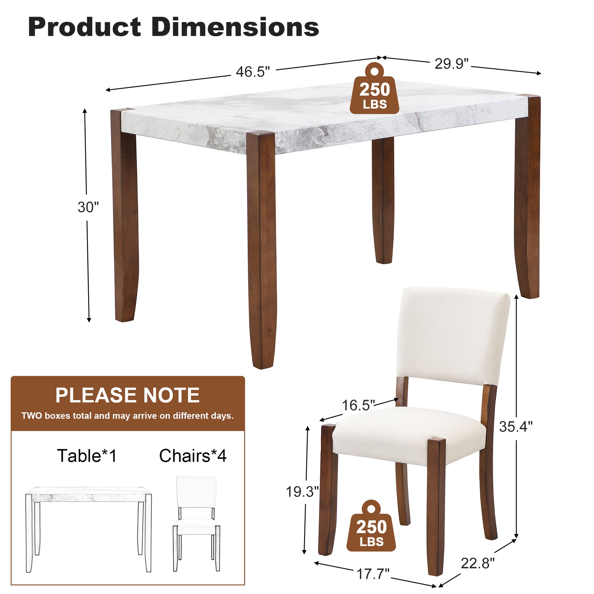 Marble dining table with dark wood legs and white upholstered chair