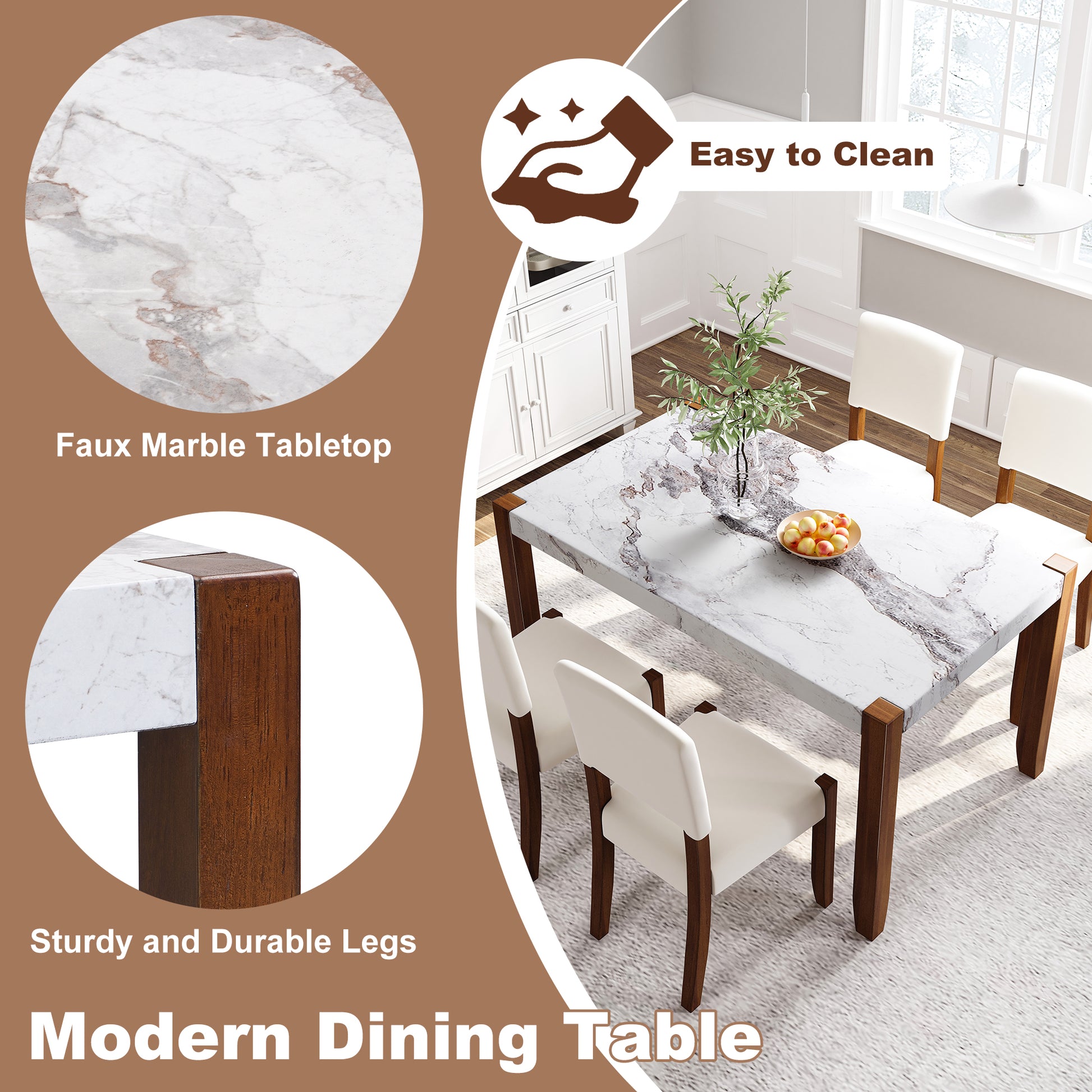 Modern dining table with white faux marble top and dark wood legs