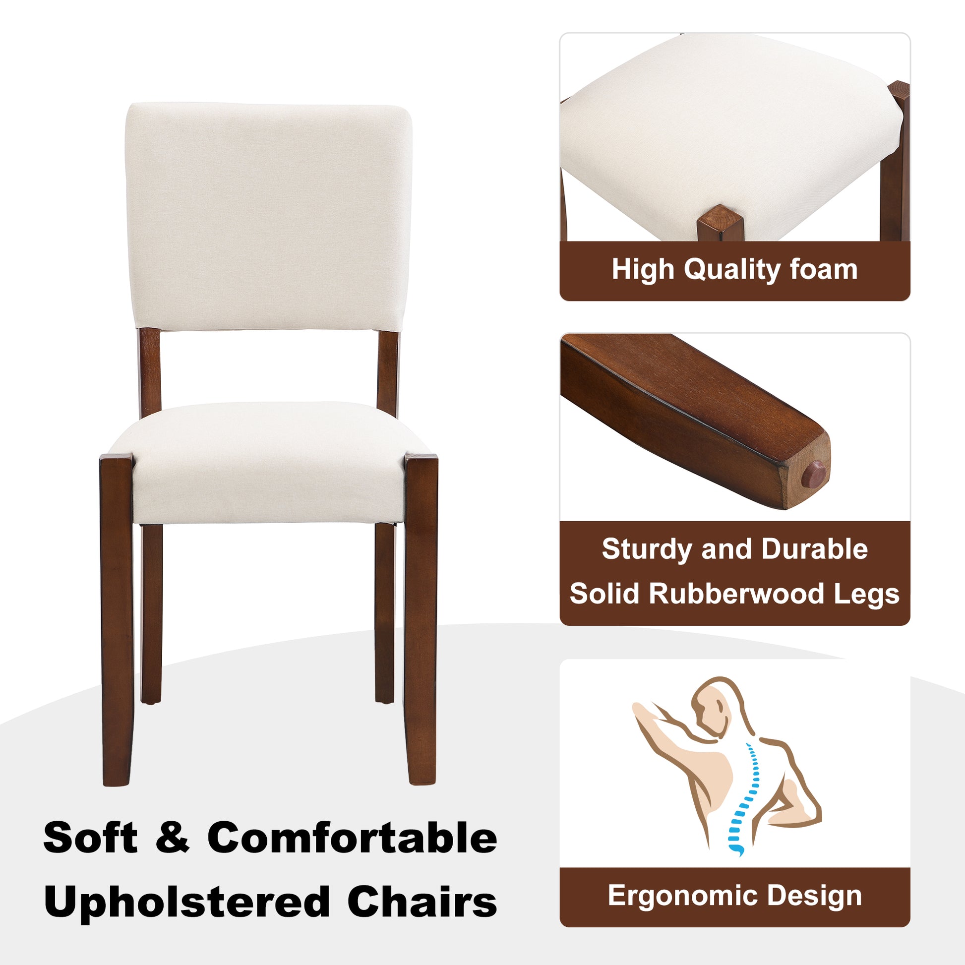 Cream upholstered dining chair with dark wood legs and ergonomic design
