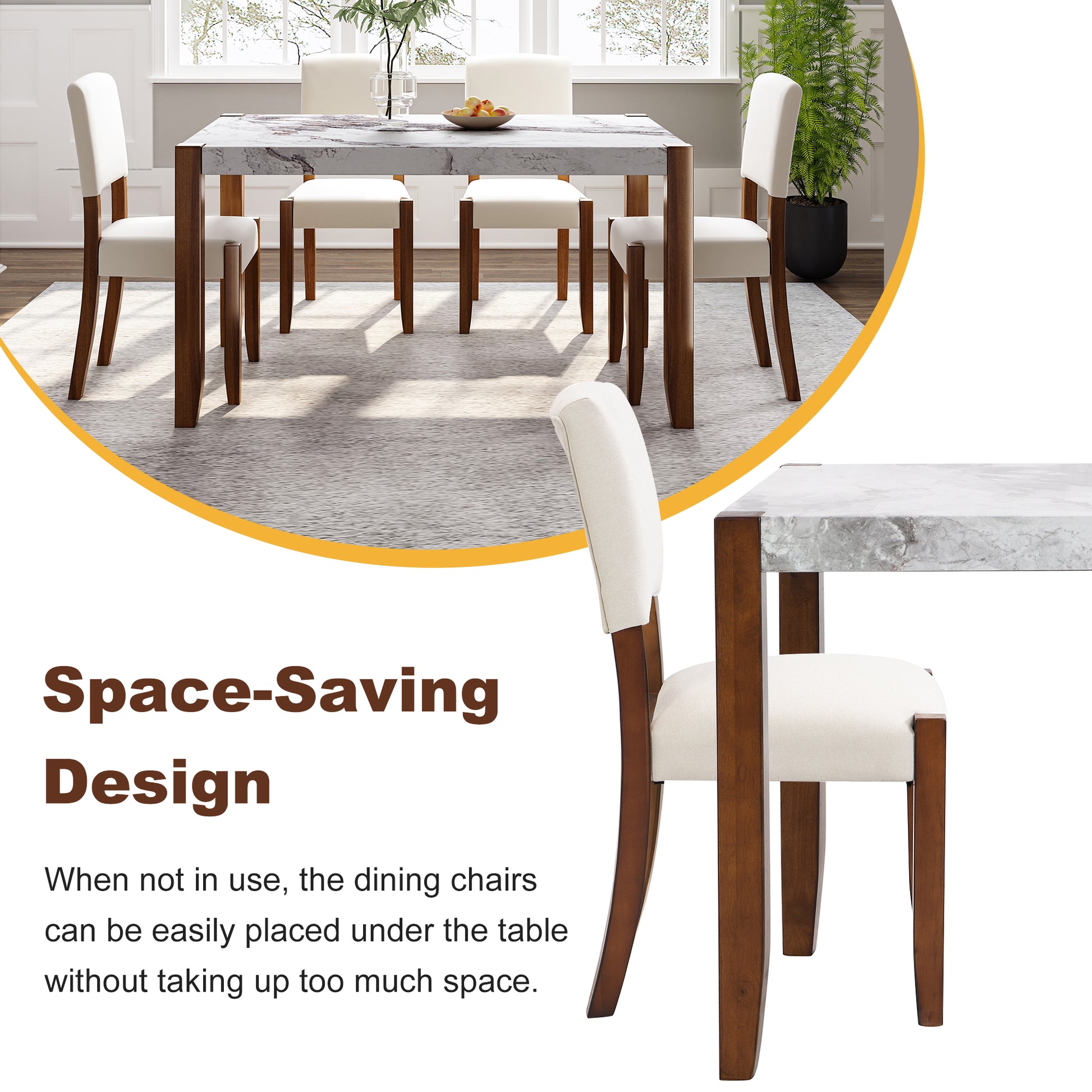 Marble top dining table with dark wood legs and white upholstered chairs