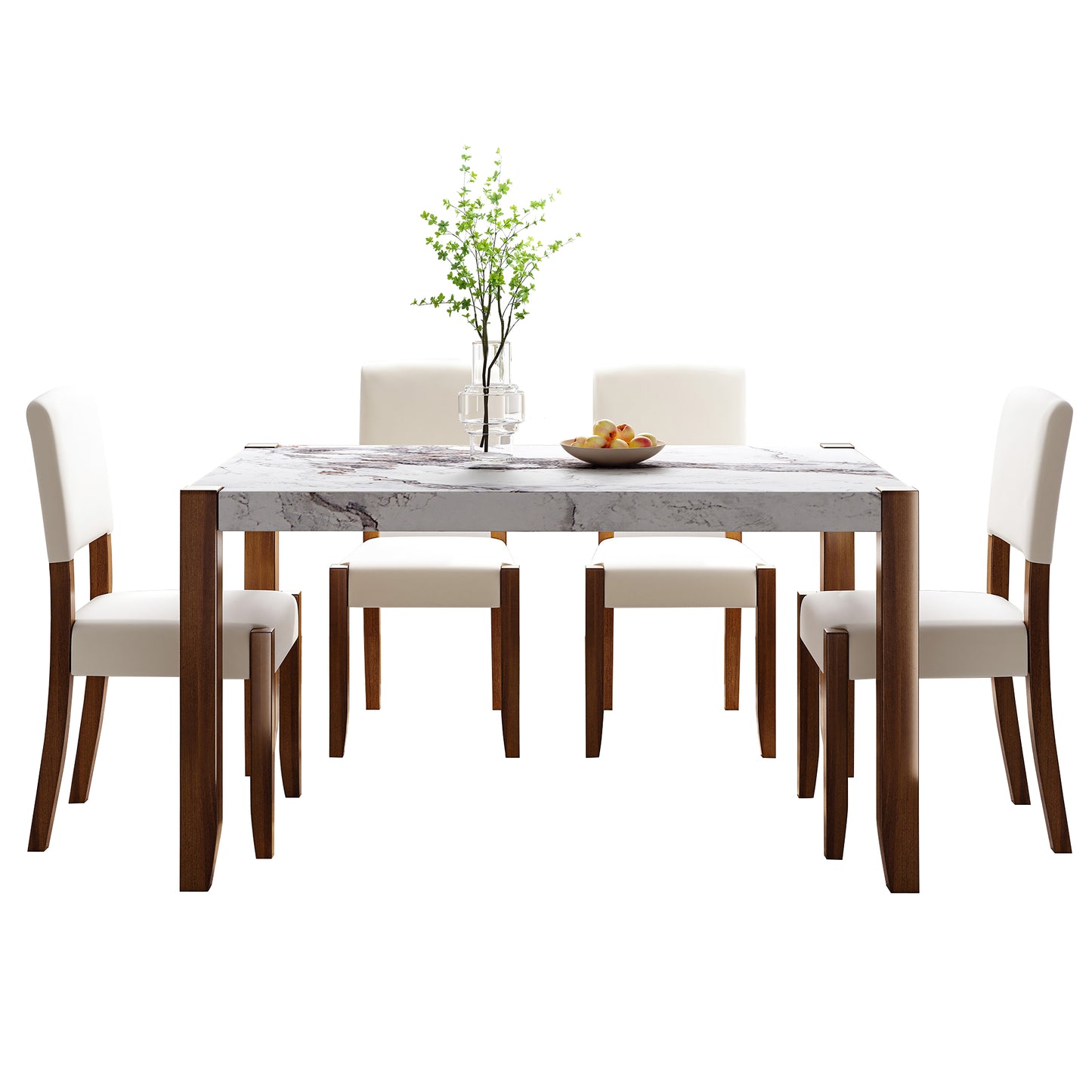 Modern marble top dining table with white upholstered chairs