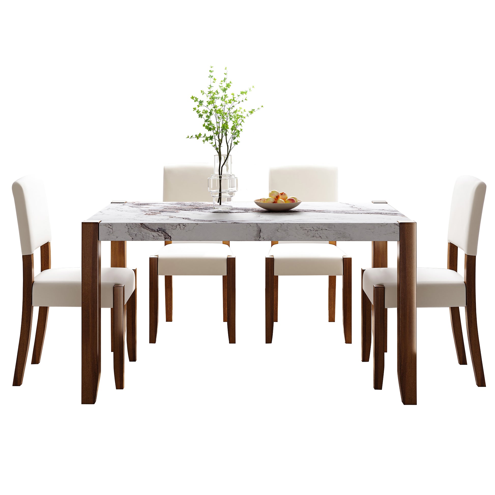 Modern marble top dining table with white upholstered chairs