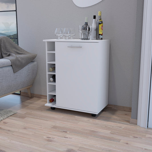 White compact bar cabinet with wine rack slots and top surface