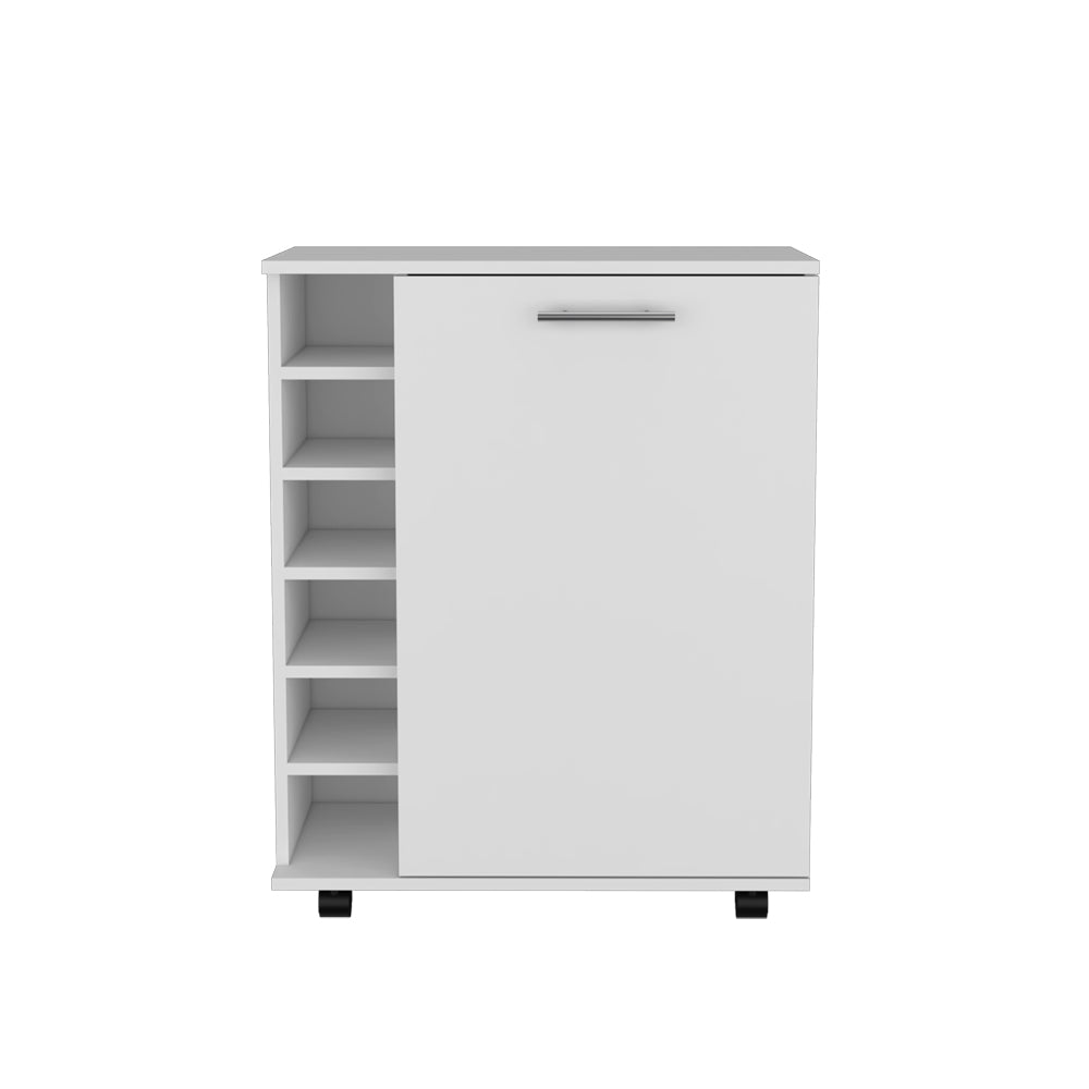 White modern shoe cabinet with five open shelves and a sliding door