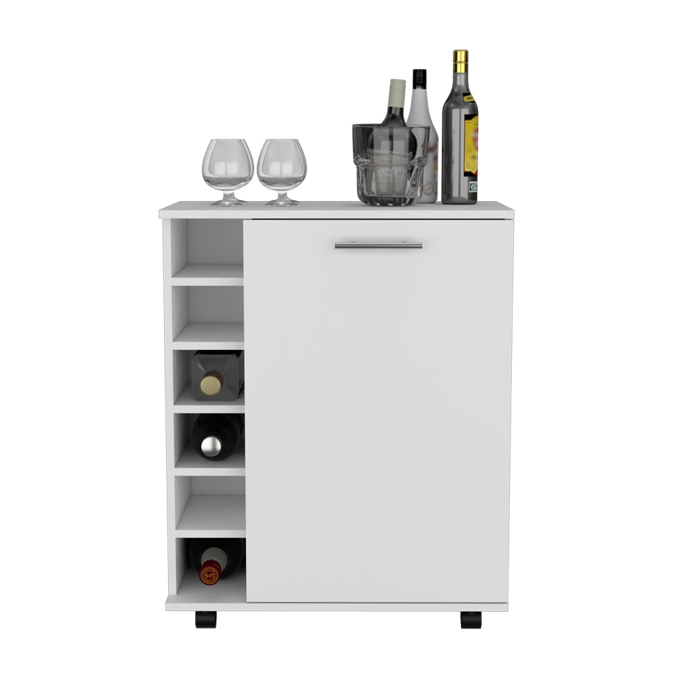 White mobile bar cart with builtin wine rack