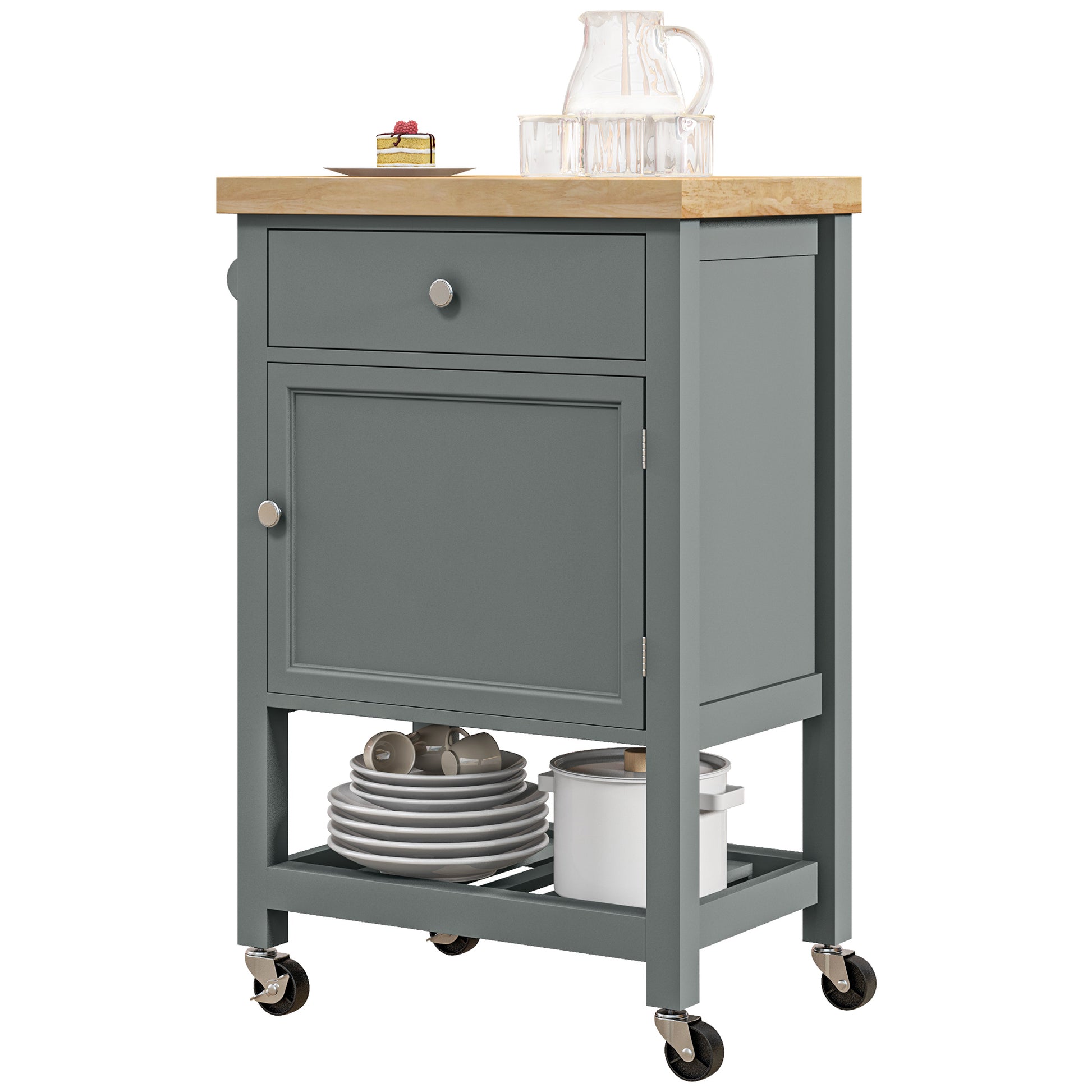Gray kitchen island cart with wooden top drawer cabinet and shelving holding plates and cookware