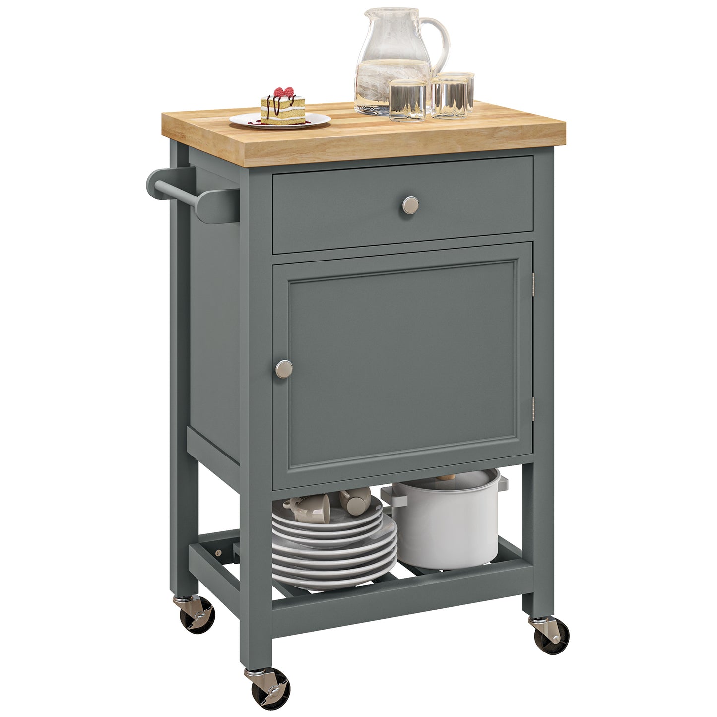 Grey kitchen cart with butcher block top and casters holding cookware and dishes