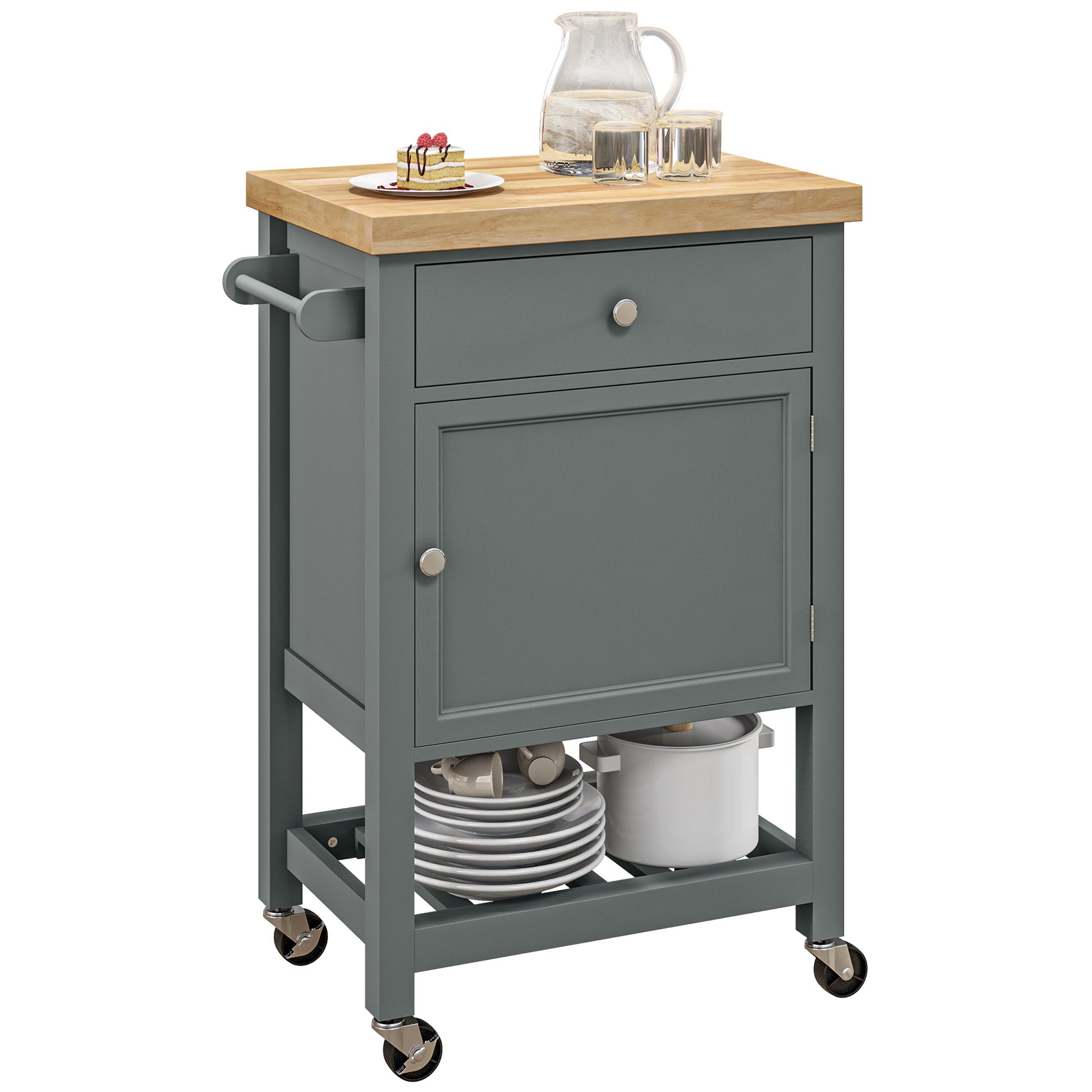 Grey kitchen cart with butcher block top and casters holding cookware and dishes