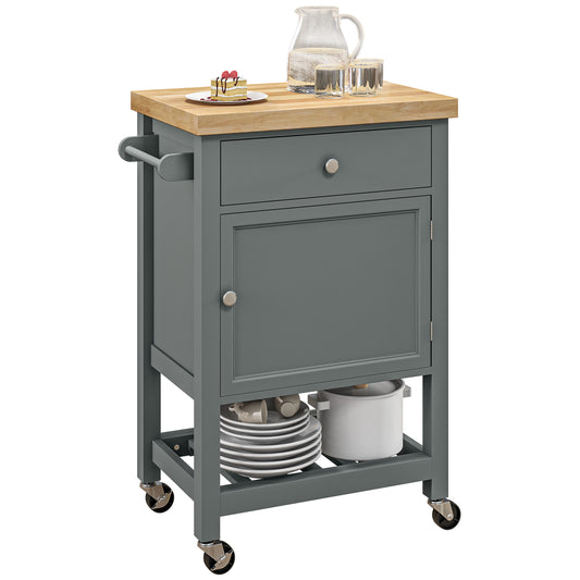 Grey kitchen cart with butcher block top and casters holding cookware and dishes