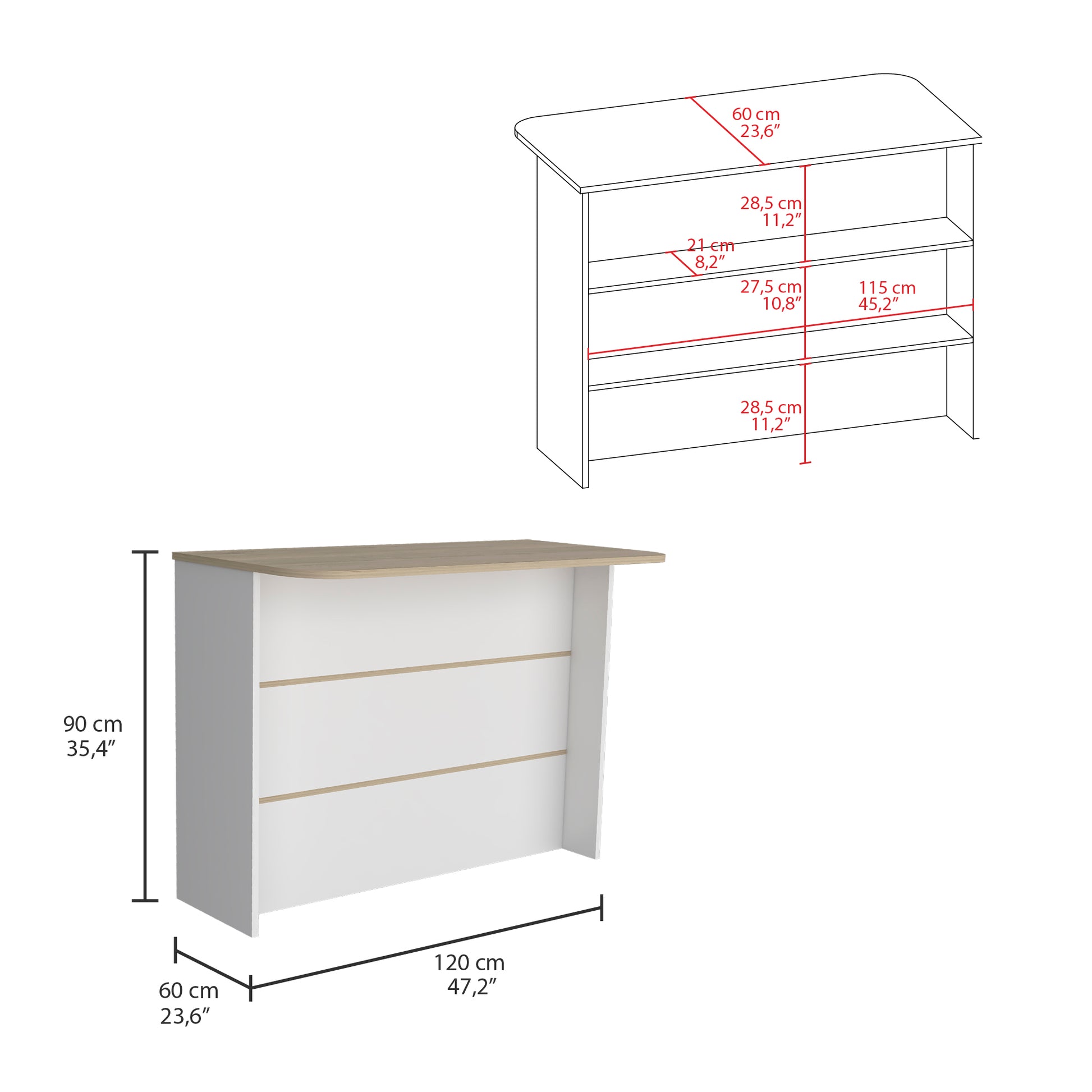 White and oak veneer counter with  open shelves