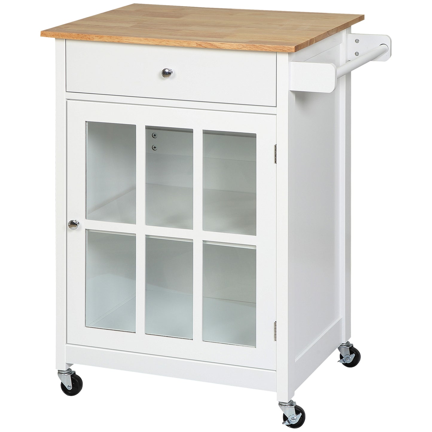 White kitchen island cart with butcher block top and glass cabinet doors