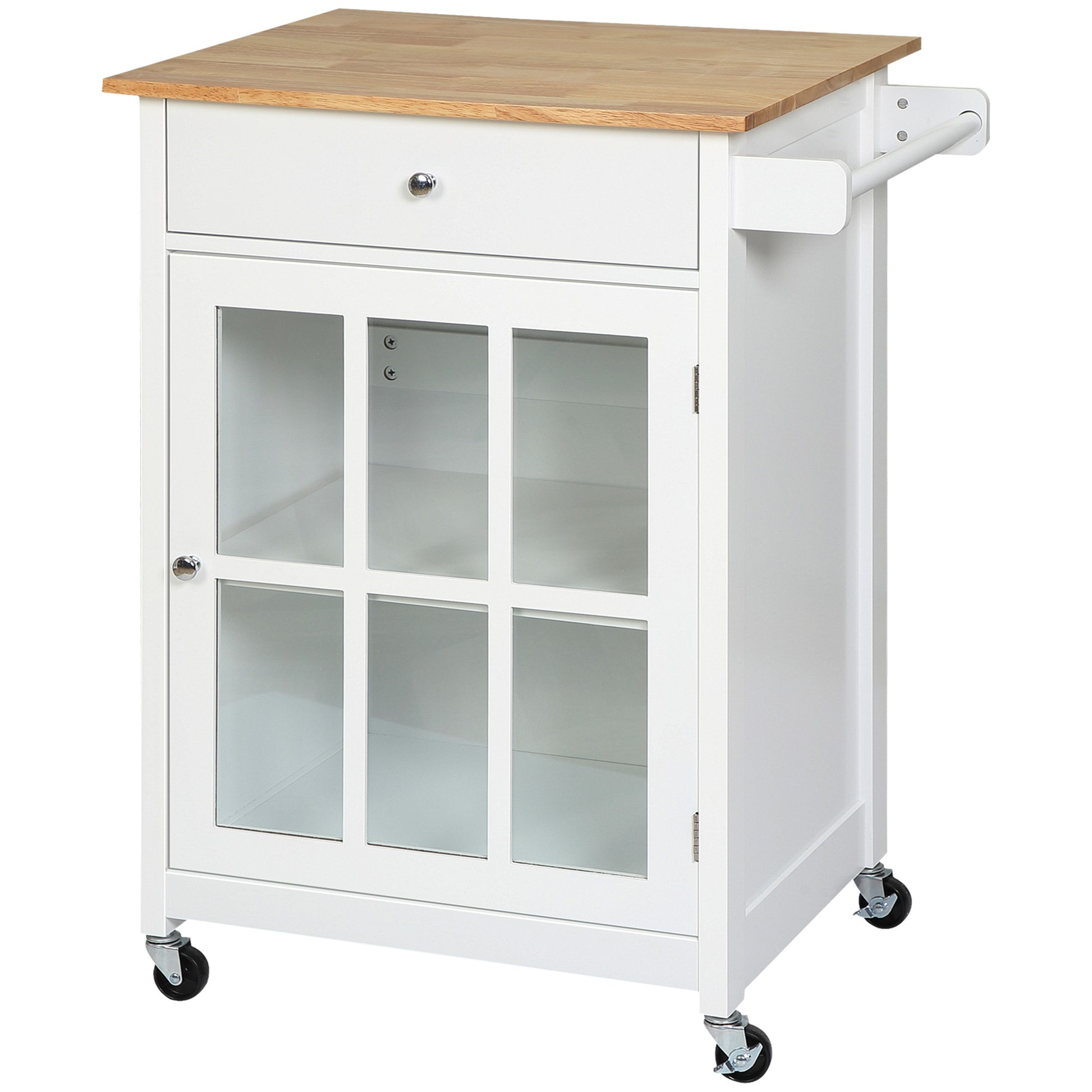 White kitchen island cart with butcher block top and glass cabinet doors
