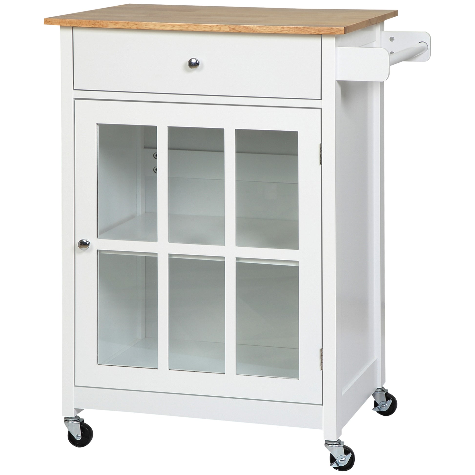 White kitchen cart with wooden top and glass cabinet doors