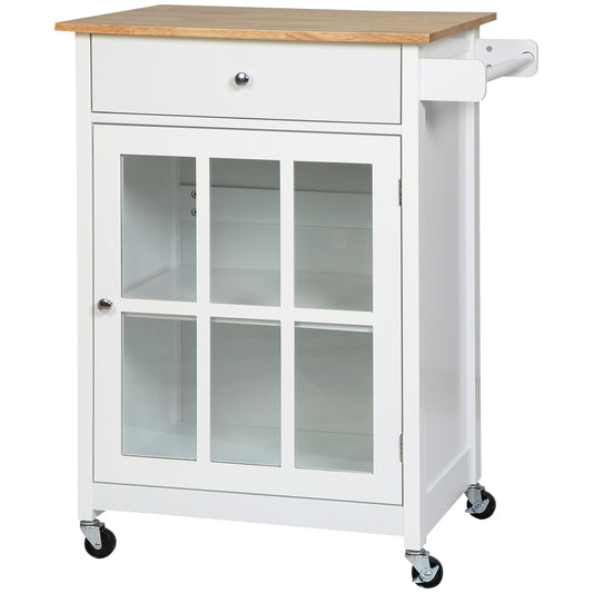 White kitchen cart with wooden top and glass cabinet doors