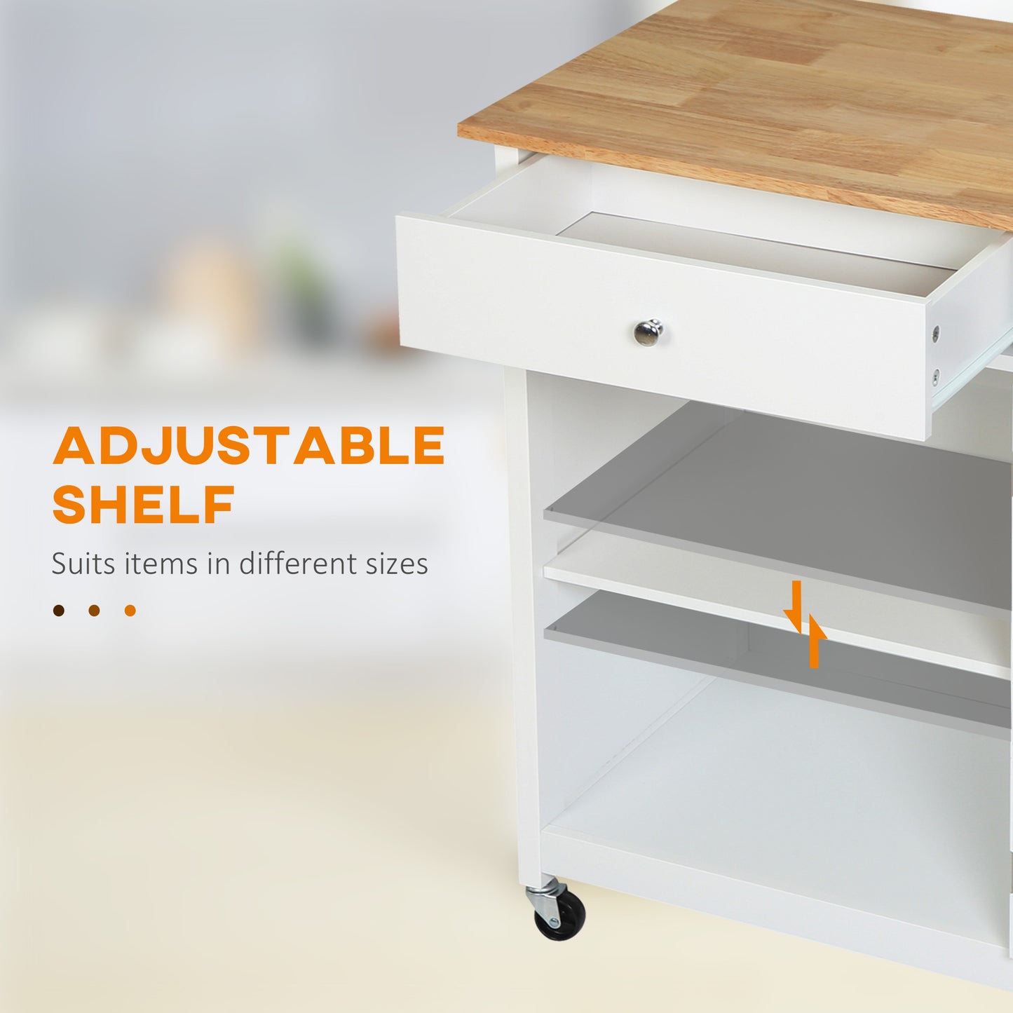 White kitchen cart with natural wood top and adjustable shelves