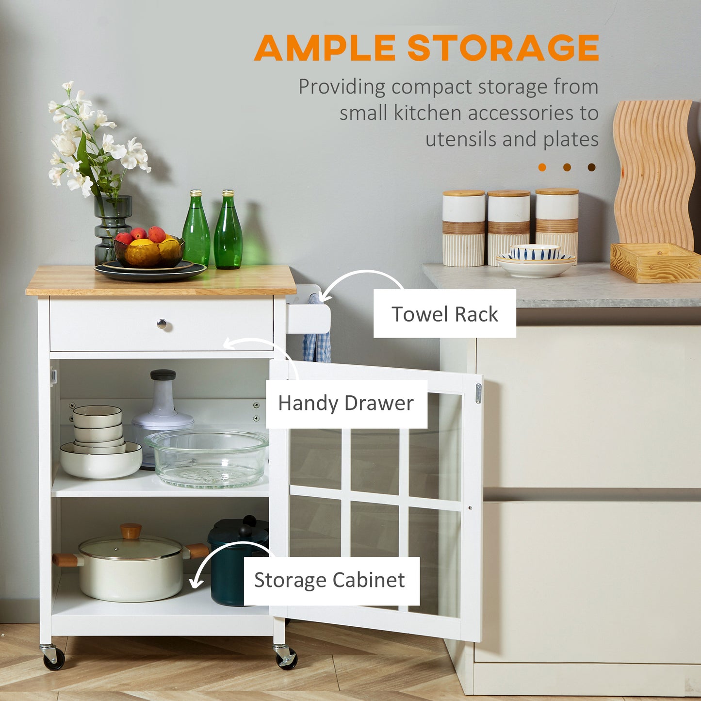 White kitchen cart with wood top ample storage for utensils