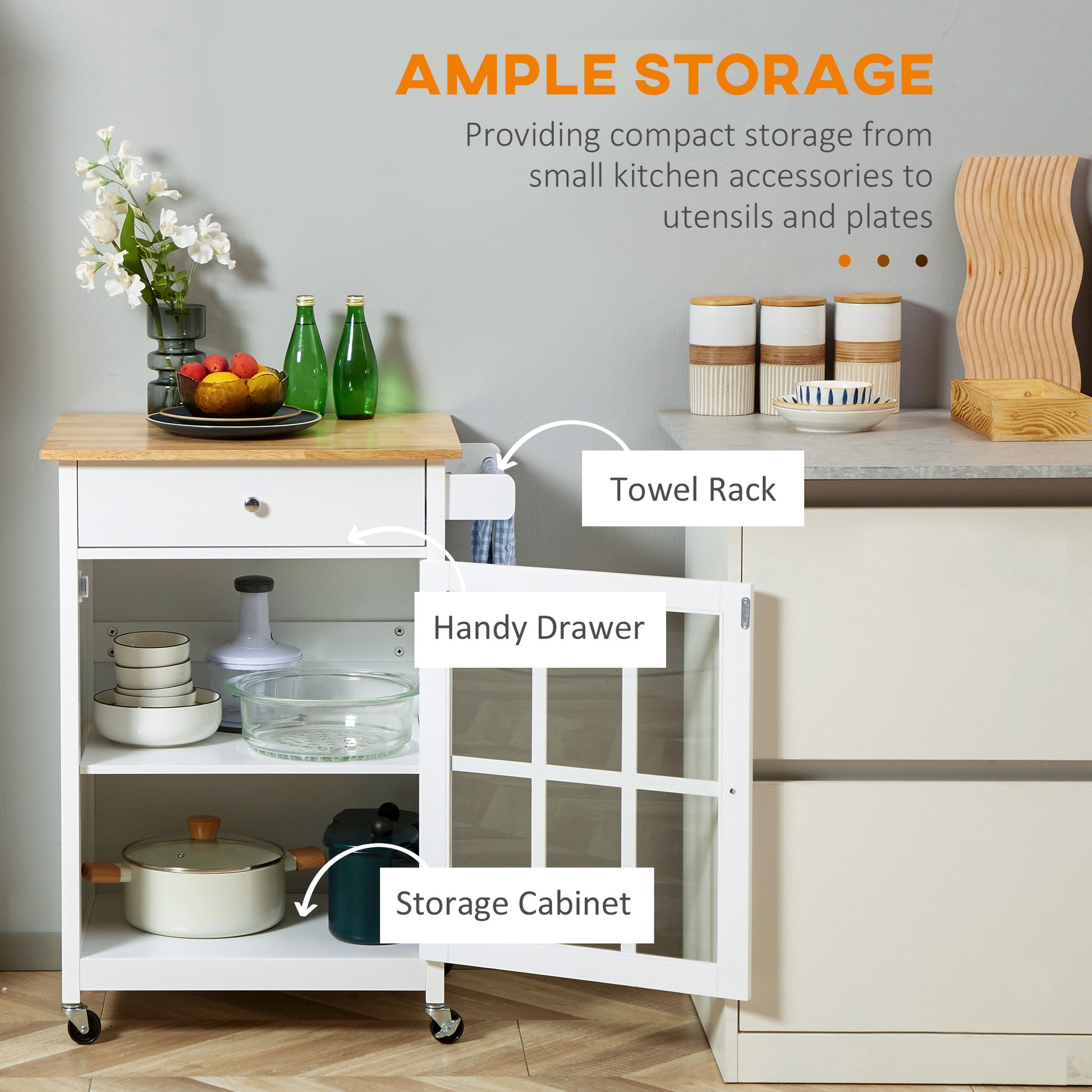 White kitchen cart with wood top ample storage for utensils