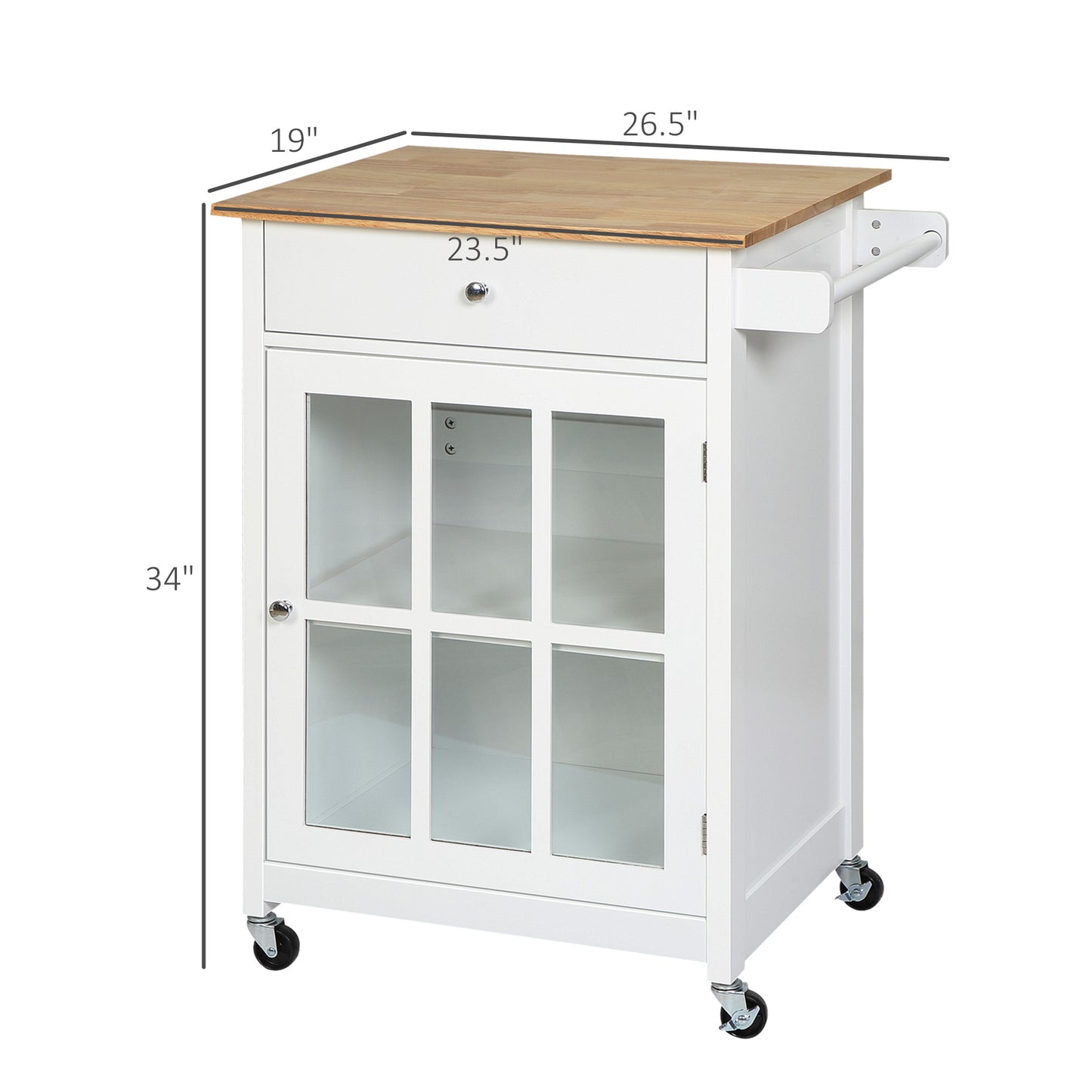 White kitchen cart with wood top drawer glass door cabinet and wheels
