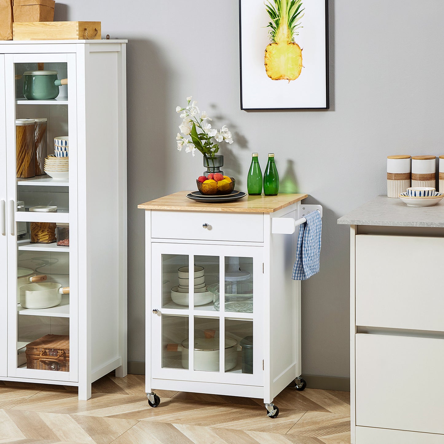 White kitchen cart with wooden top