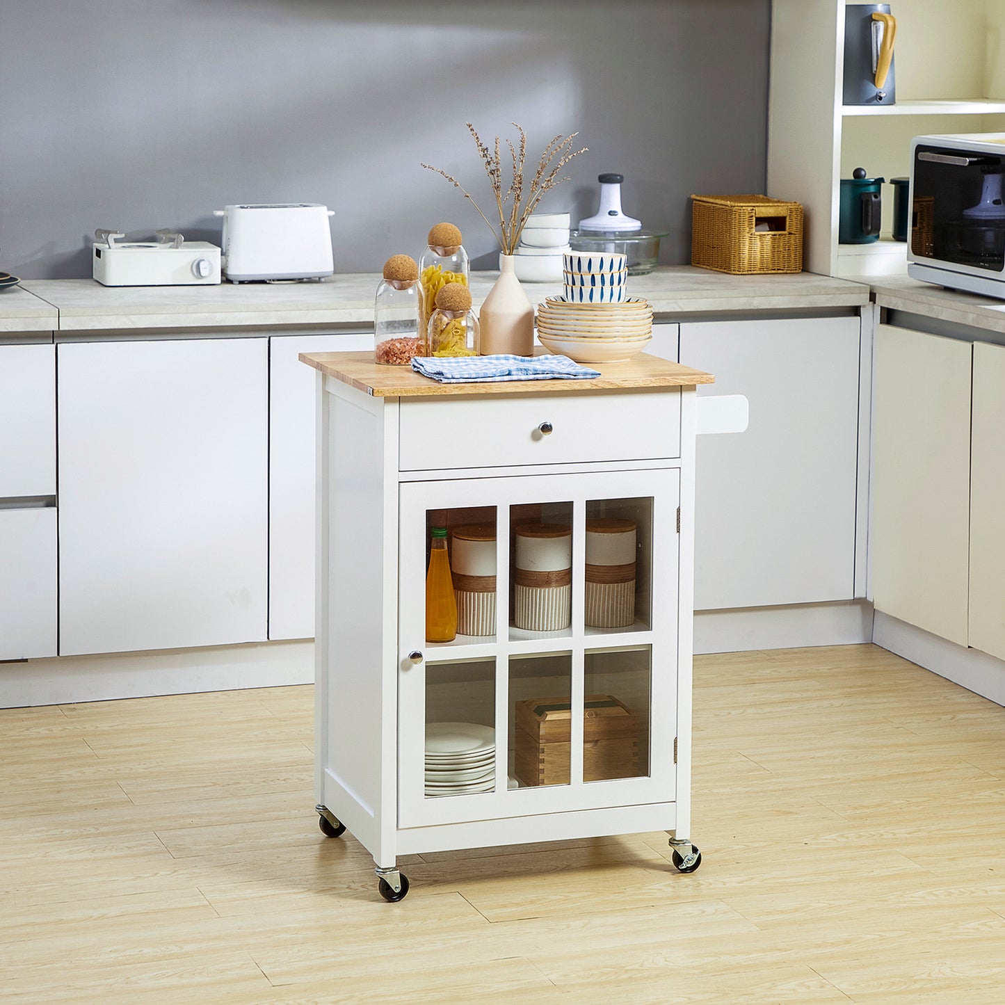 White kitchen cart with butcher block top and glass cabinet doors