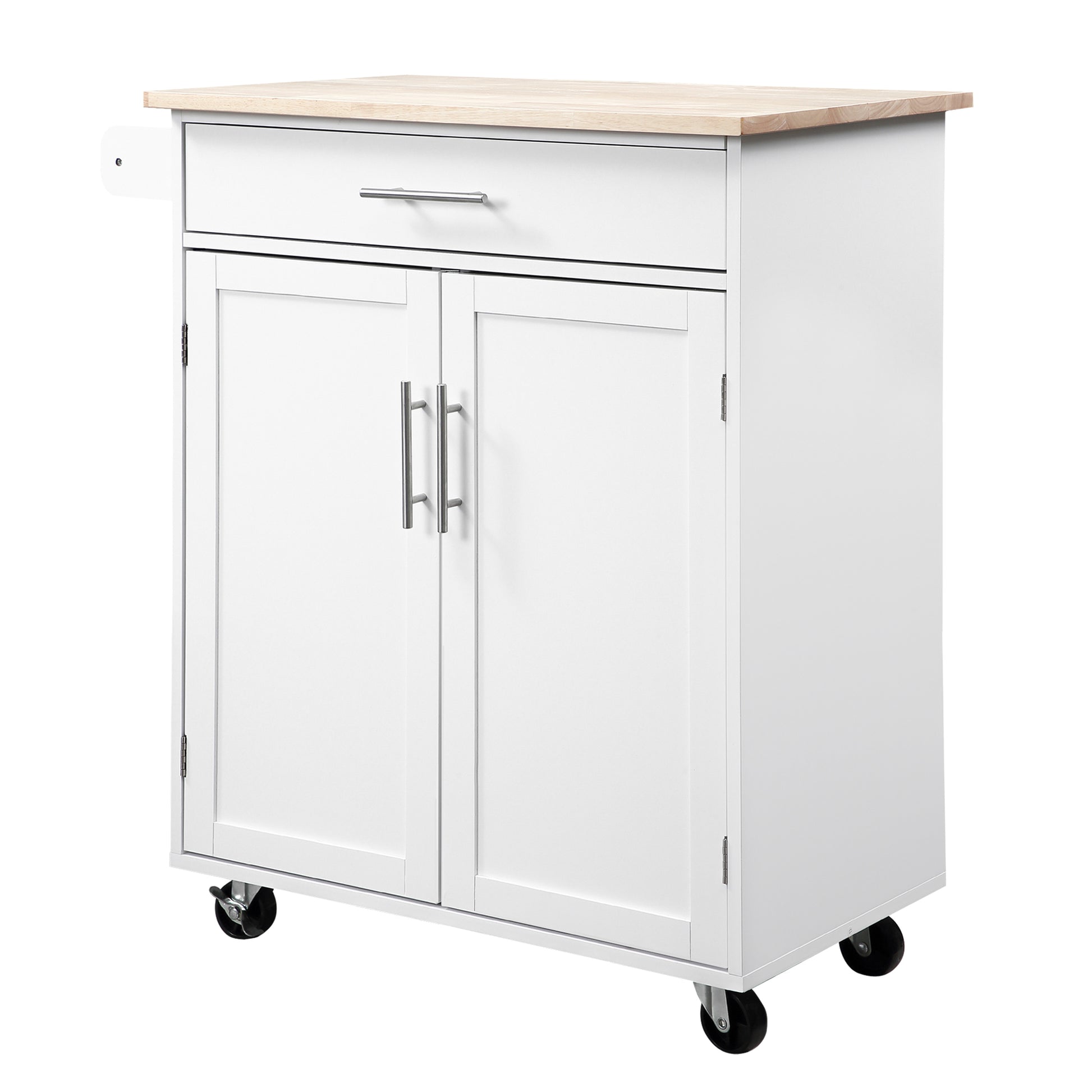 White kitchen cart with butcher block top and two cabinet doors