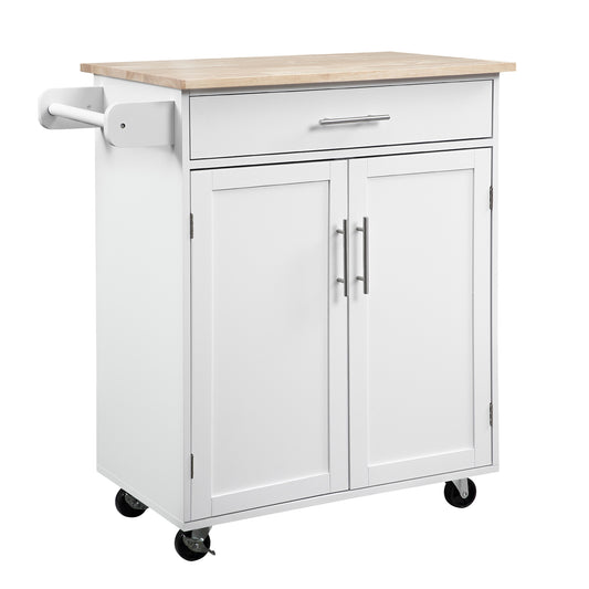 White kitchen island cart with butcher block top and towel bar
