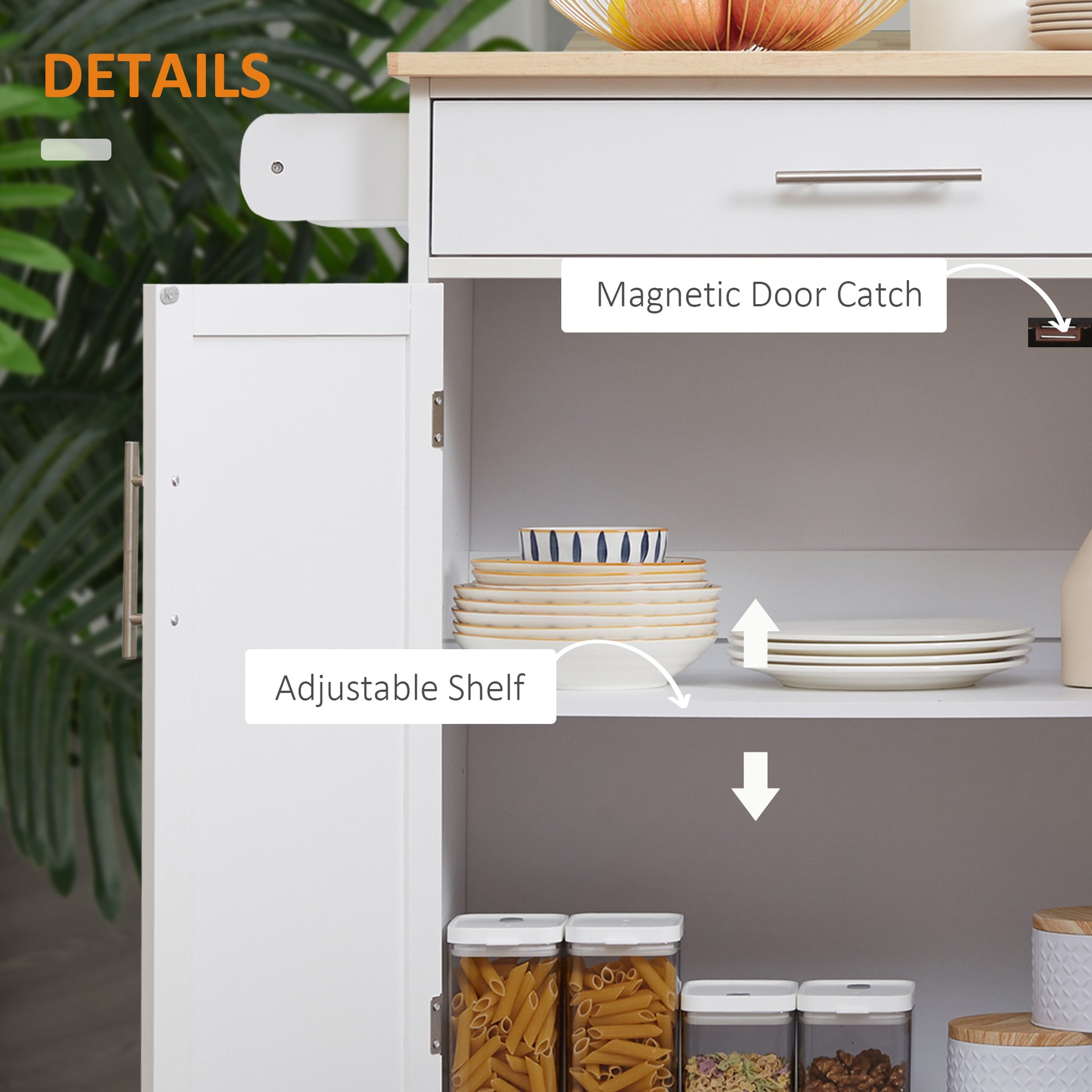 White kitchen cart with magnetic door catch