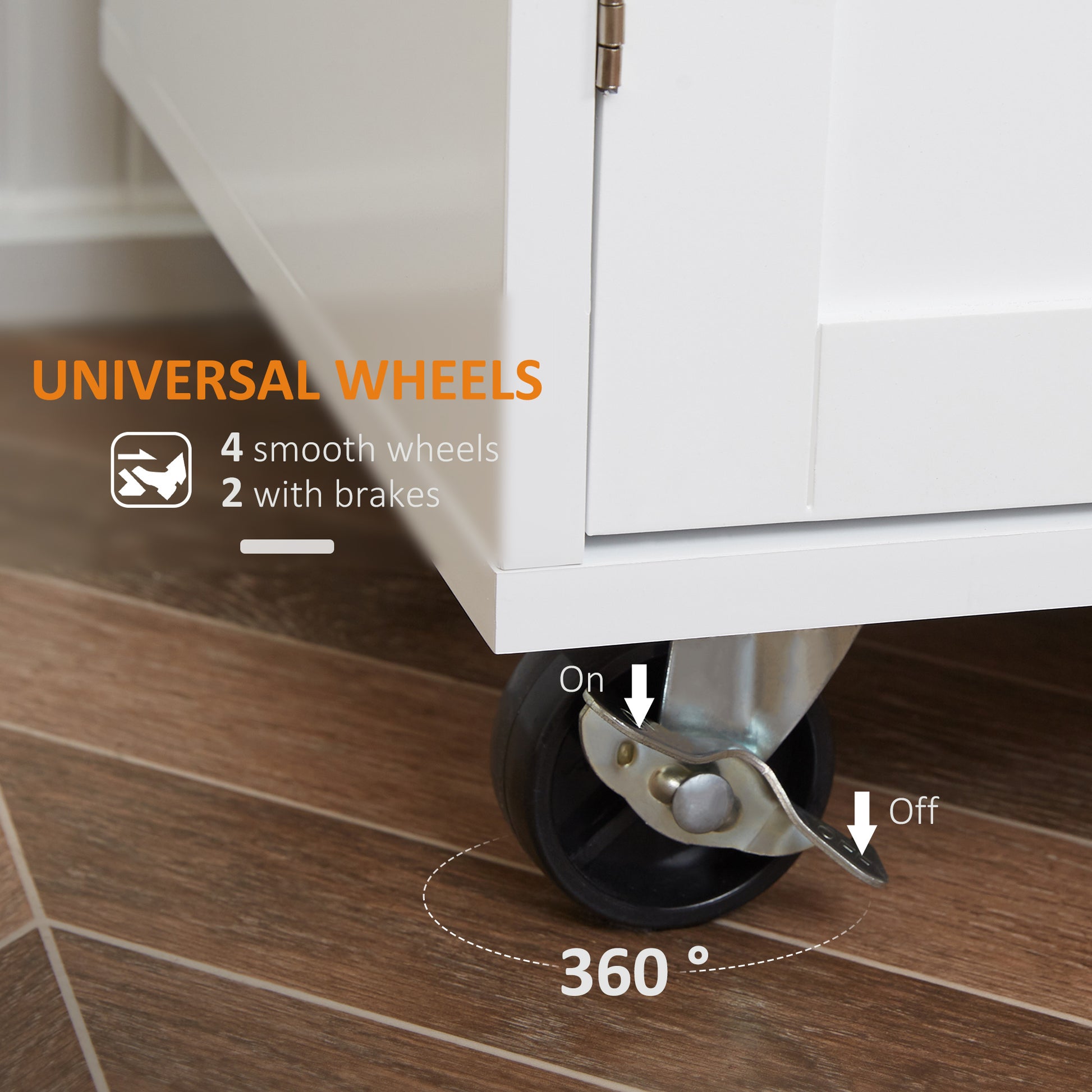 Closeup of a smooth black swivel wheel with a brake lever on a white cabinet