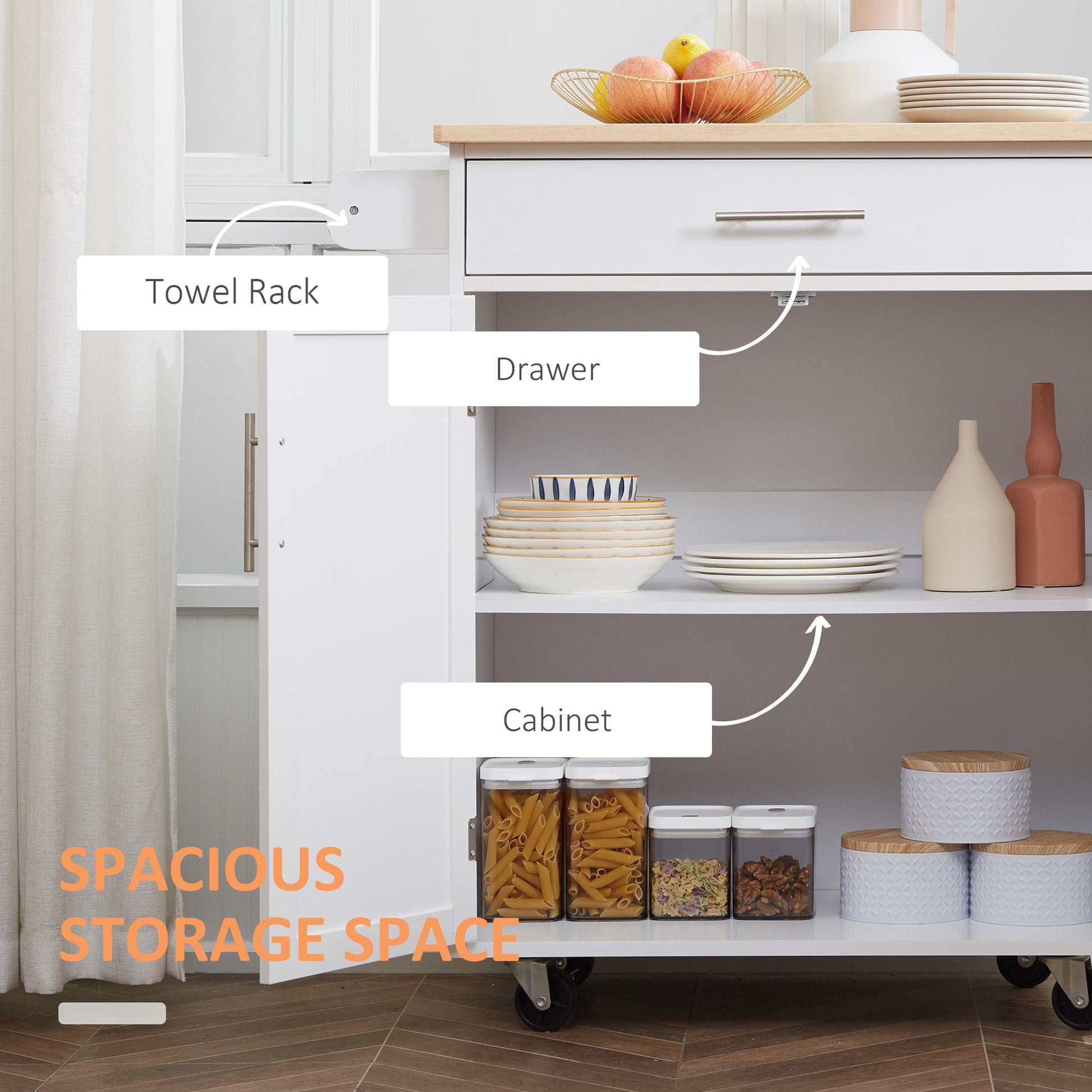White kitchen cart with a towel rack on the left door