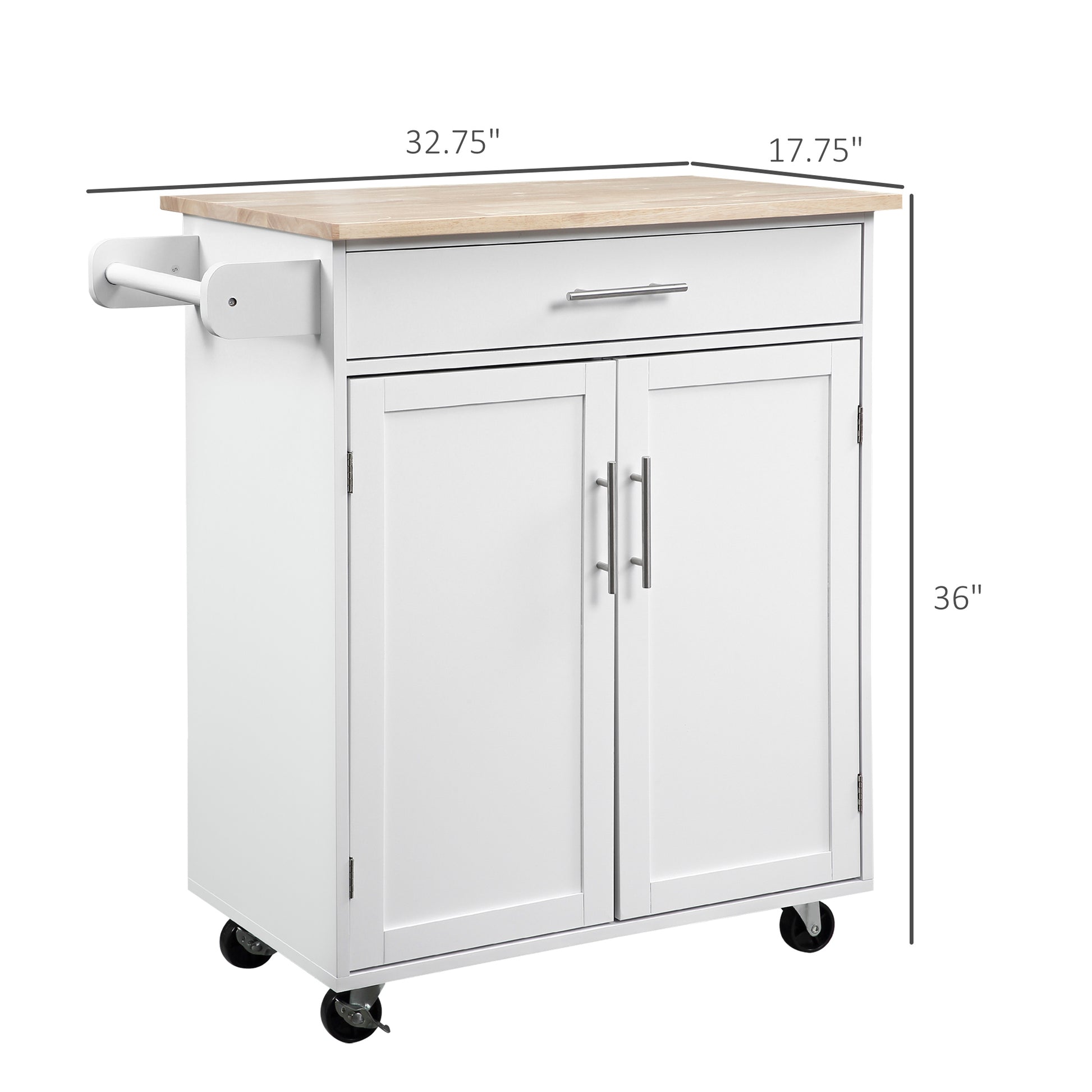 White kitchen cart with butcher block top and drawer