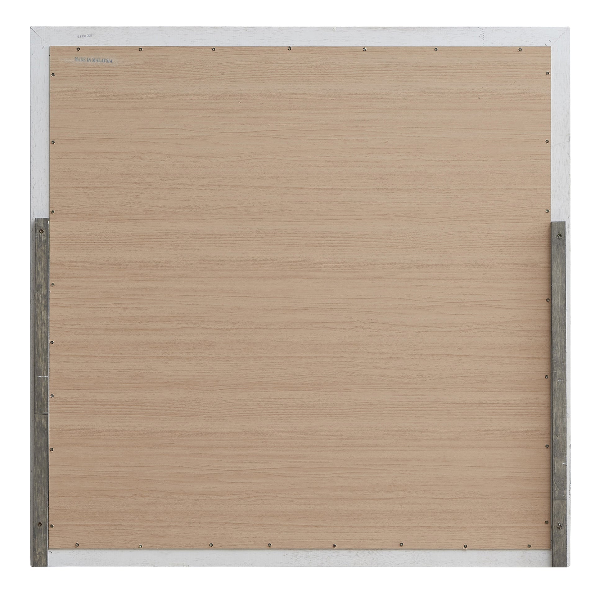 Back of light oak wood panel headboard with white frame