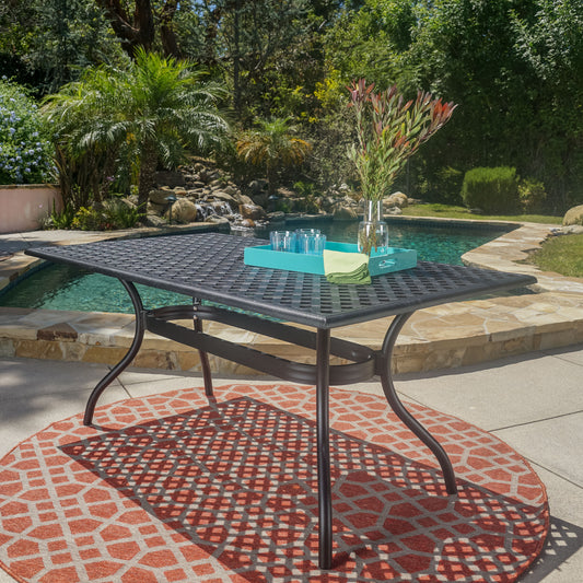 TREATLIFE HOME Outdoor Dining Table with Beautiful Lattice Design and Umbrella Holder, Black Aluminum, Seats Six