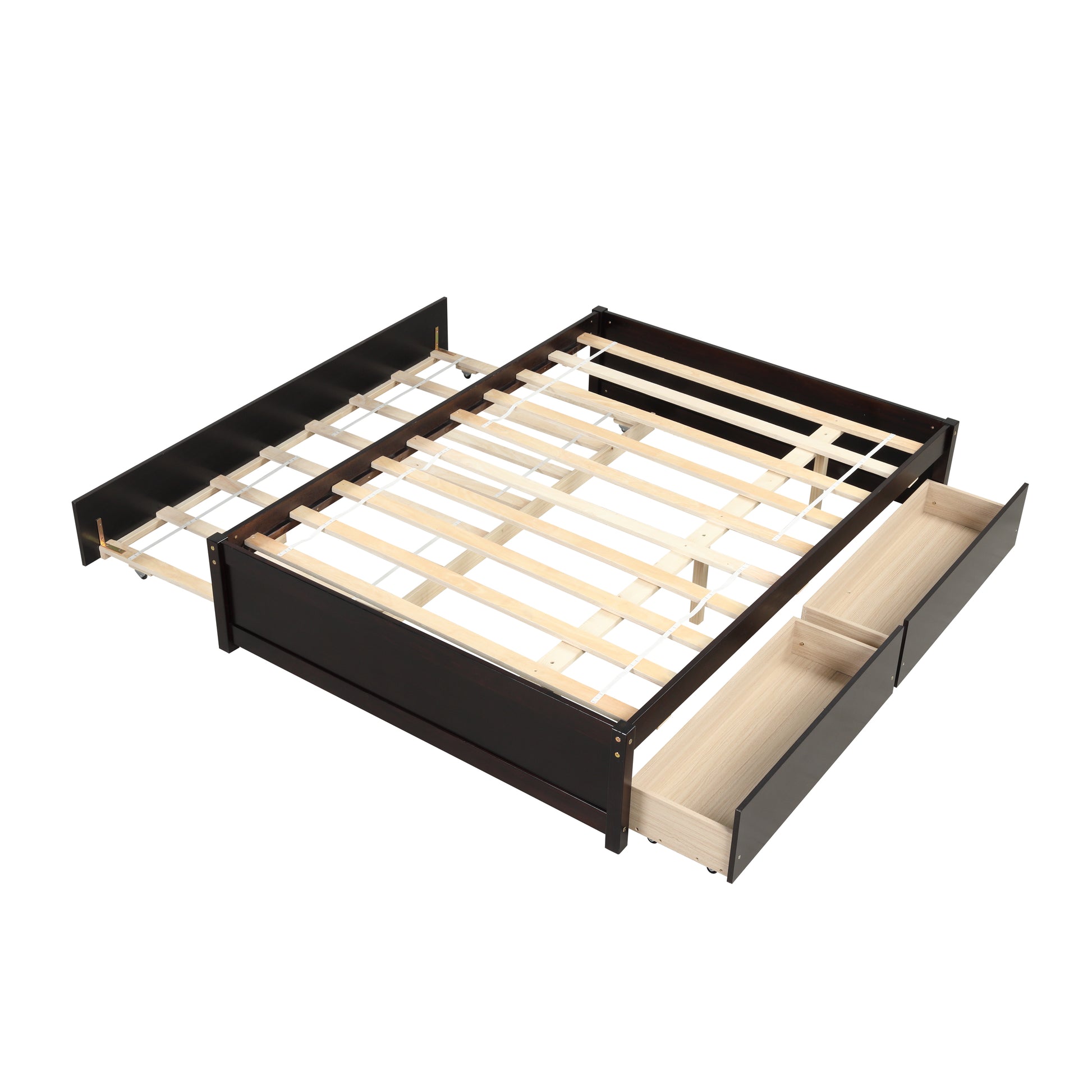 Dark brown wooden bed frame with three storage drawers