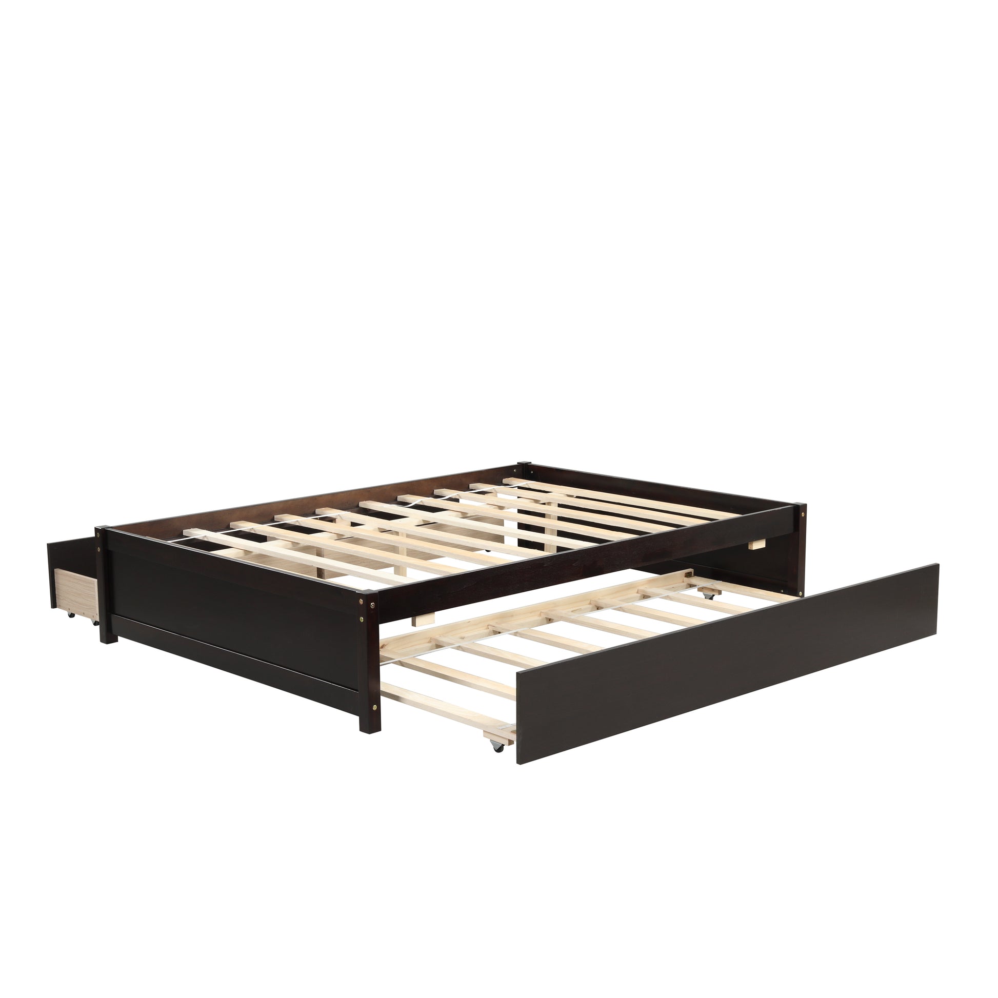 Dark brown wood platform bed frame with pullout trundle