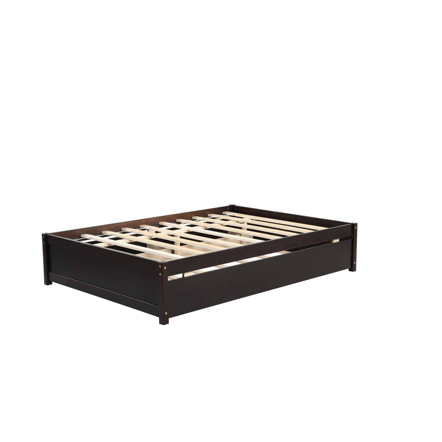 Dark wood platform bed frame with slatted support for mattress