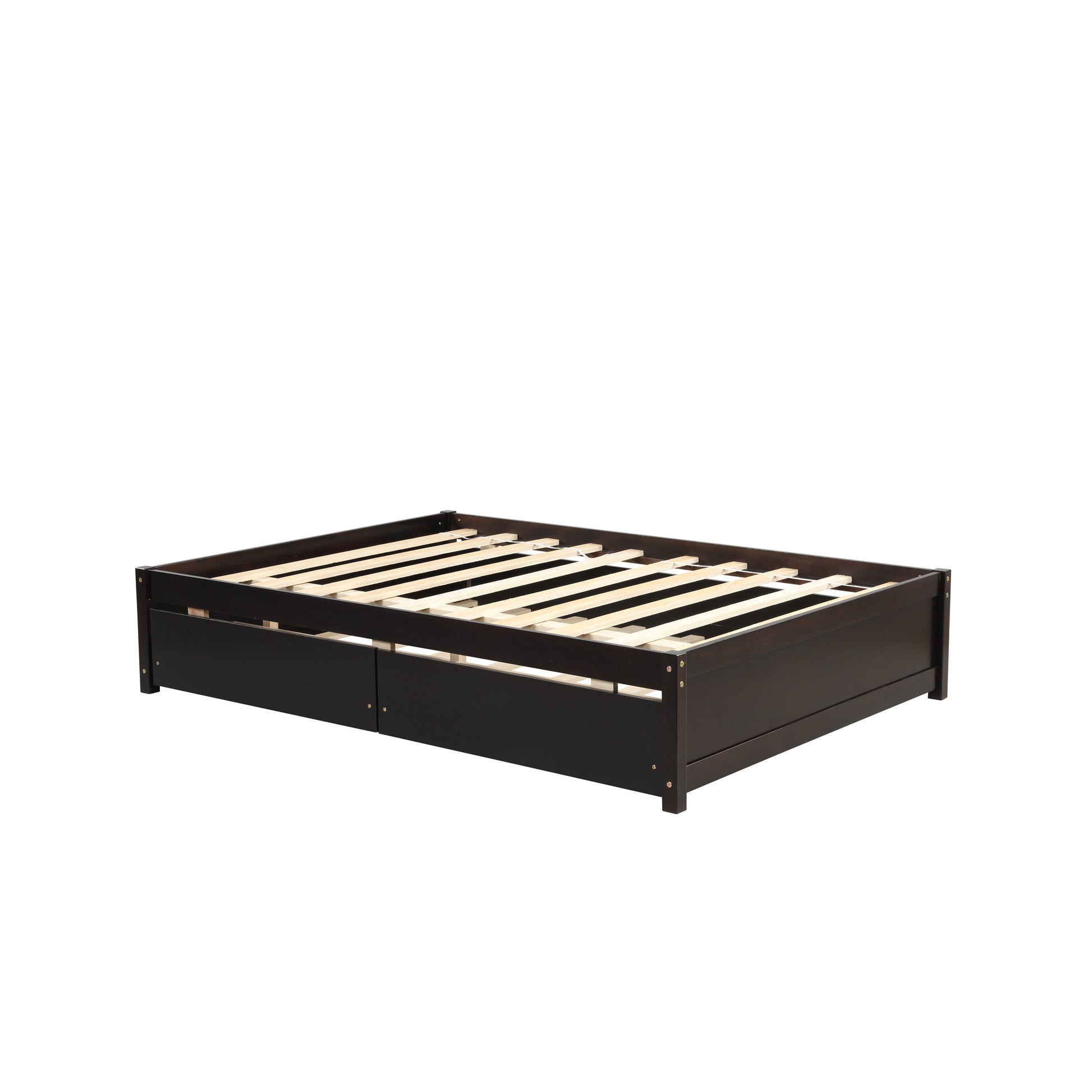 Dark brown wooden bed frame with two integrated storage drawers and slatted support