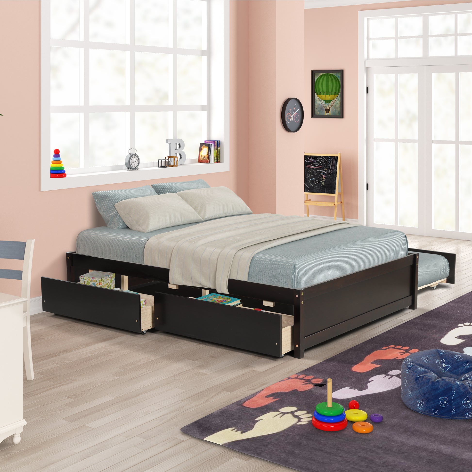 Dark wood twin bed with three storage drawers and a pullout trundle