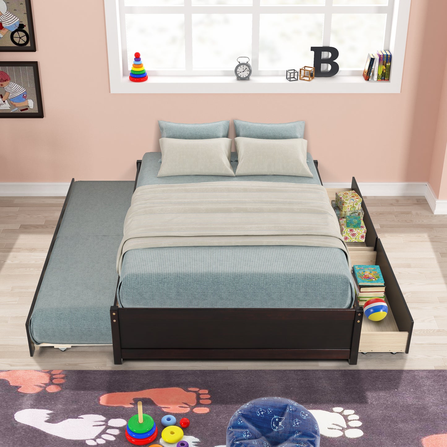 Dark wood twin daybed with pullout trundle and storage drawers