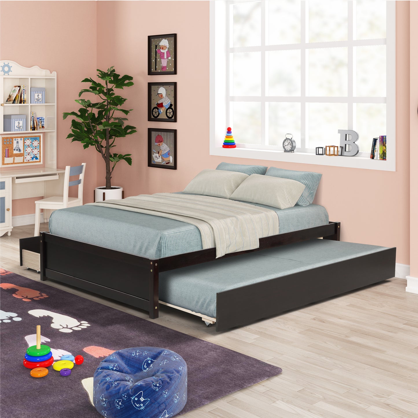 Dark wood twin daybed with pullout trundle for guest sleepovers