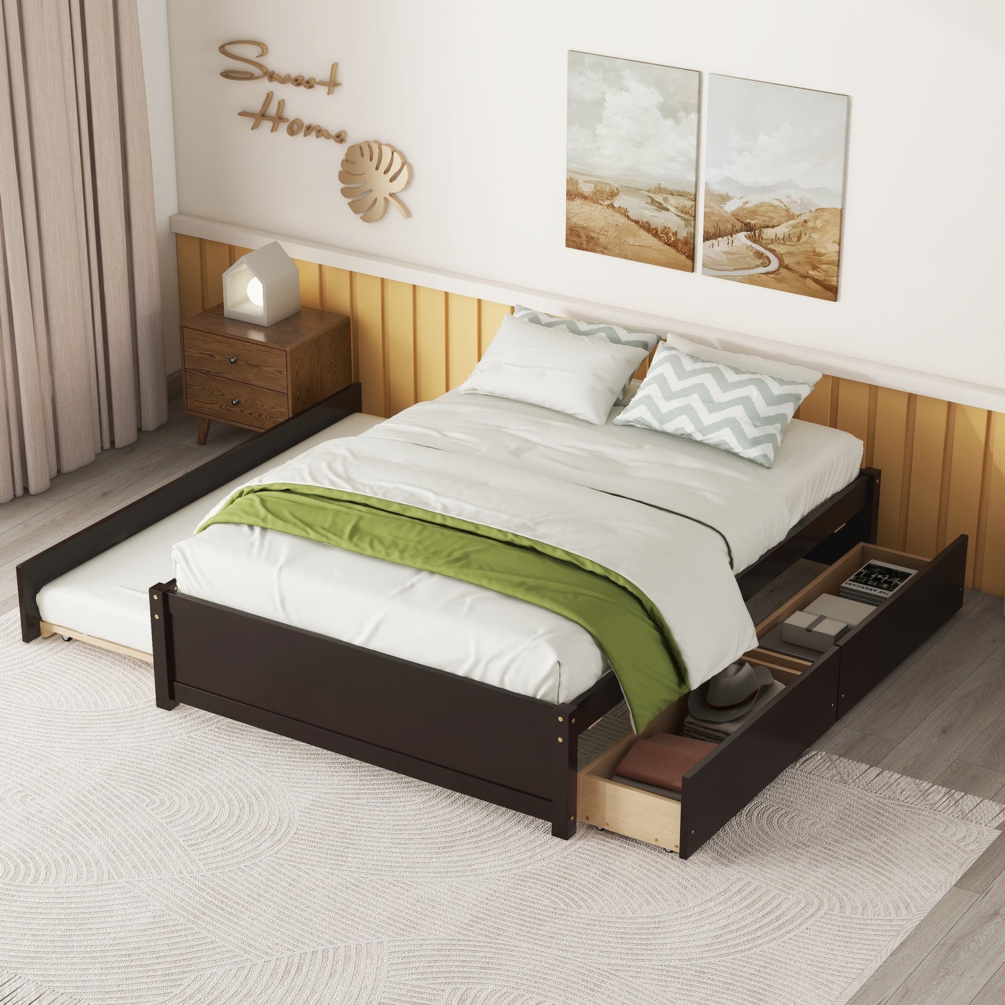 TREATLIFE HOME Full Bed with Twin Size Trundle and Two Drawers, Solid Wood Construction, Modern Design, Space-Saving, Sturdy Support