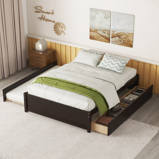 TREATLIFE HOME Full Bed with Twin Size Trundle and Two Drawers, Solid Wood Construction, Modern Design, Space-Saving, Sturdy Support